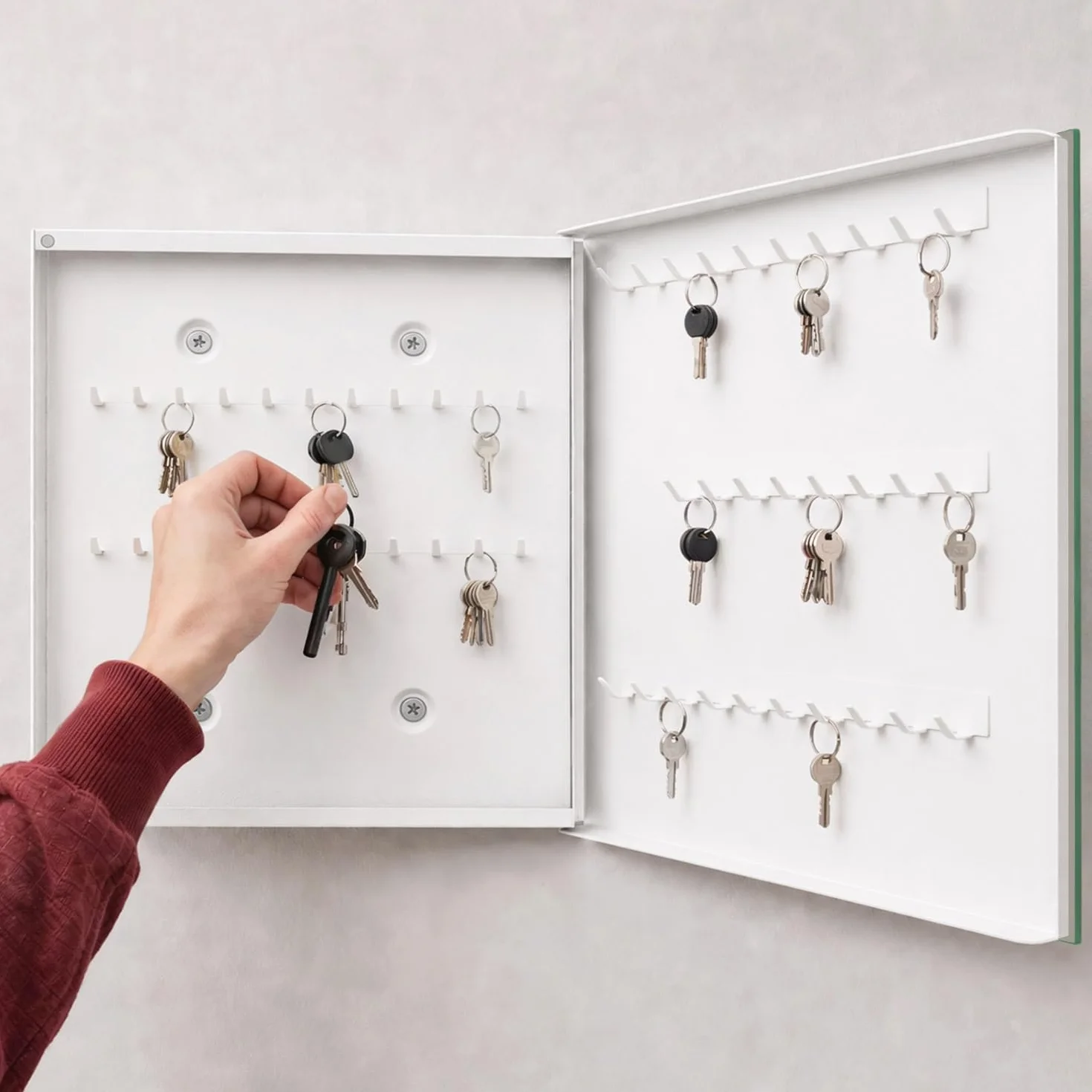 Tulup Armario para Llaves 30x30 cm | Blanco | Derecha | Montaje en Pared | Motivación auténtica | de Metal | Frente Decorativo de Cristal | Kit de Montaje Incluido | Organizador | 50 Ganchos