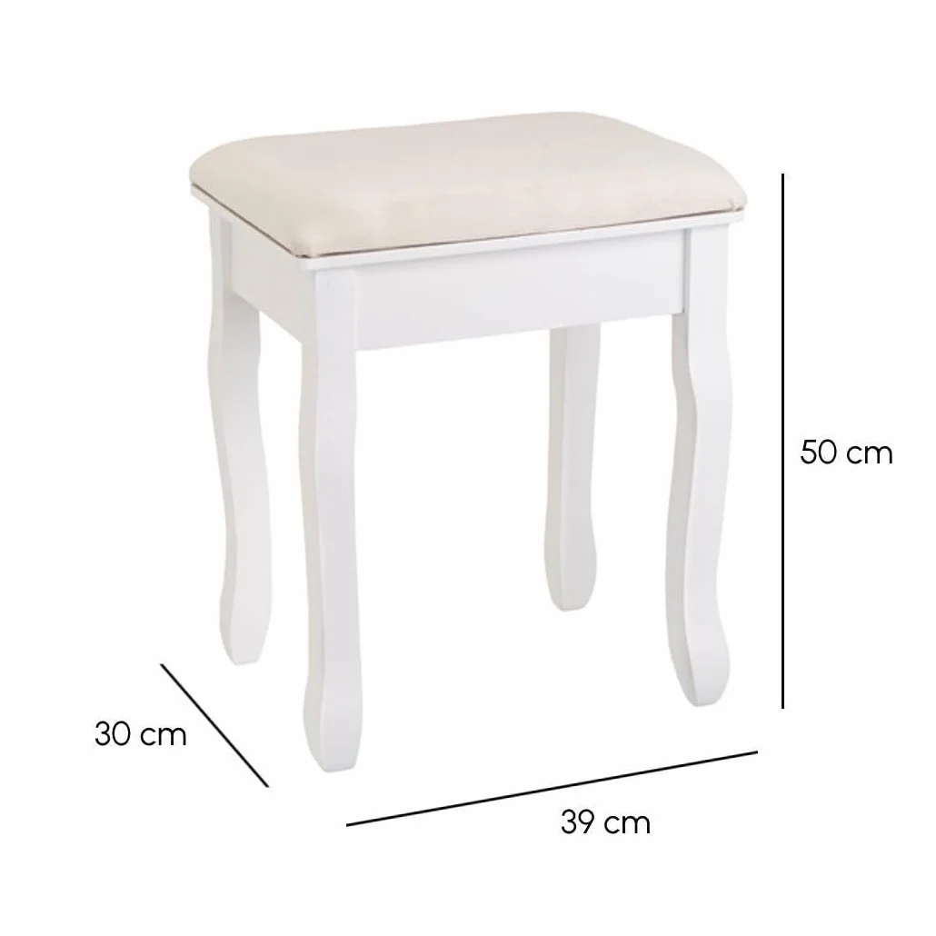 LOLAhome Banqueta de Tocador Blanca con Asiento Tapizado, Madera de Paulonia 50x30x39 cm, Estilo Clásico, Taburete para Dormitorio y Maquillaje