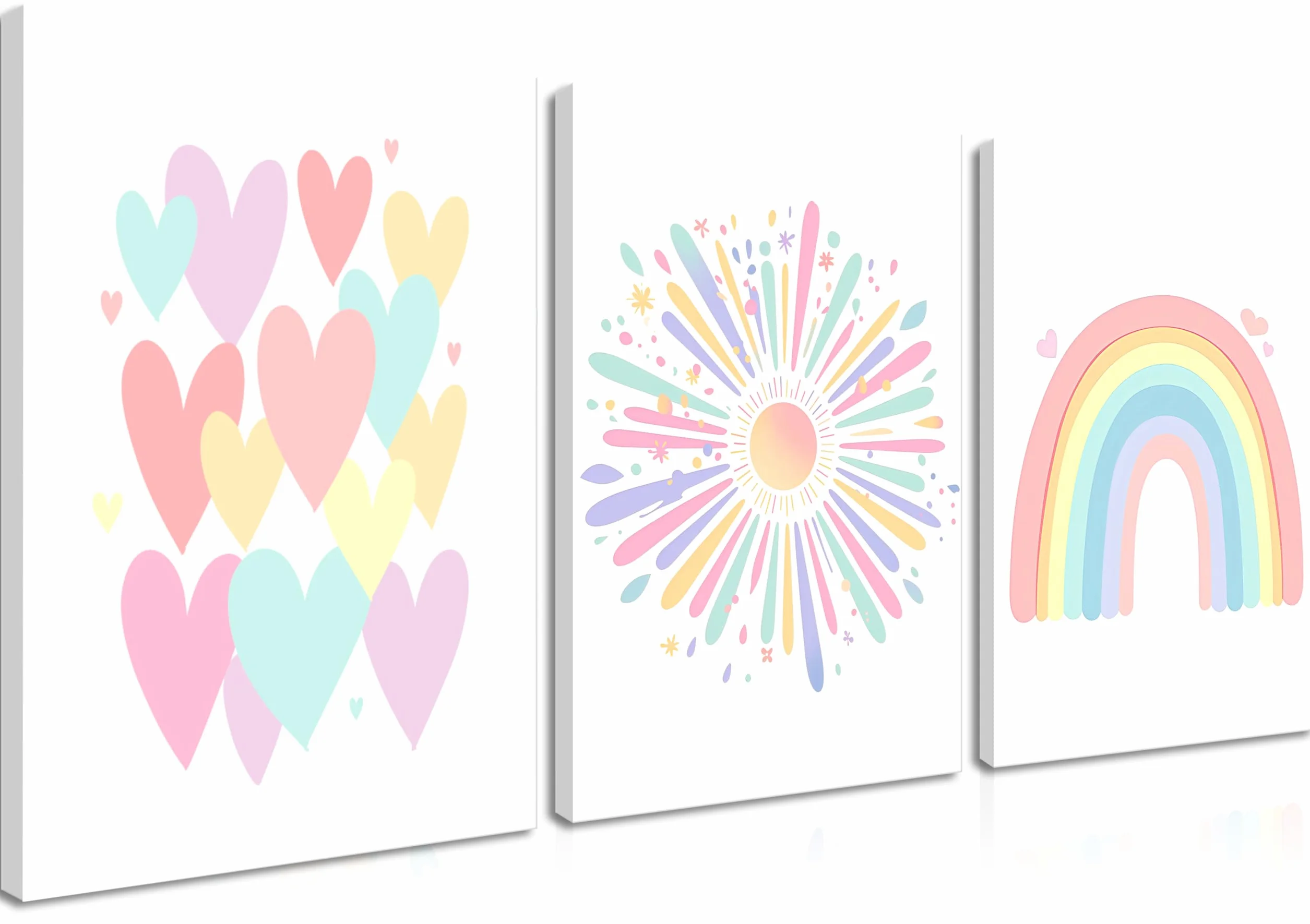 Juego de 3 lienzos sin marco para niñas, arte de pared colorido bohemio para guardería, decoración de pared, póster de corazón para niños, para aula, habitación de niños, habitación de bebé