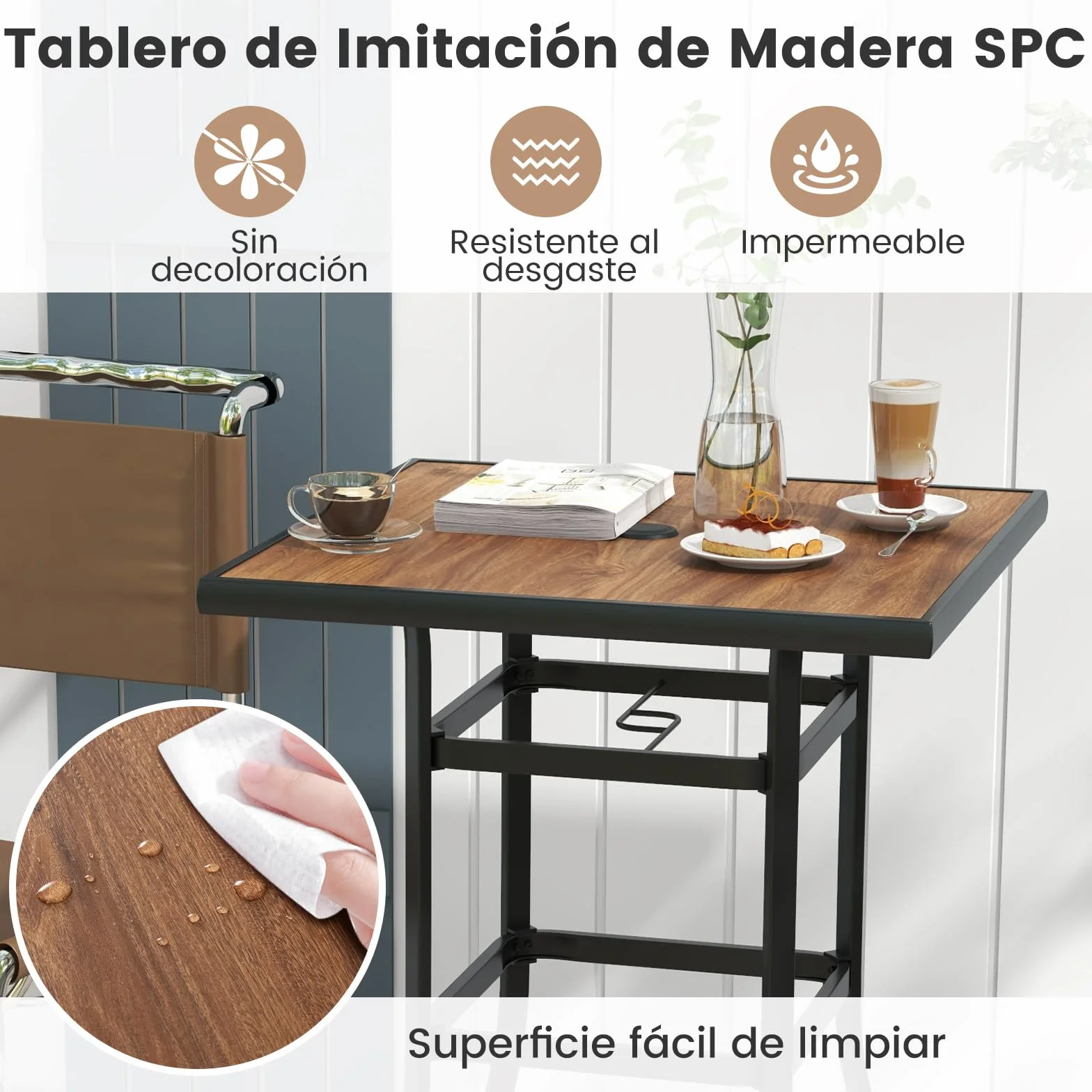 COSTWAY Mesa Alta Cocina, Mesa Alta Cuadrada 70cm, Mesa Bar con Orificio para Sombrilla de 39 mm, Estructura de Metal, Mesa Alta Exterior Jardin Terraza