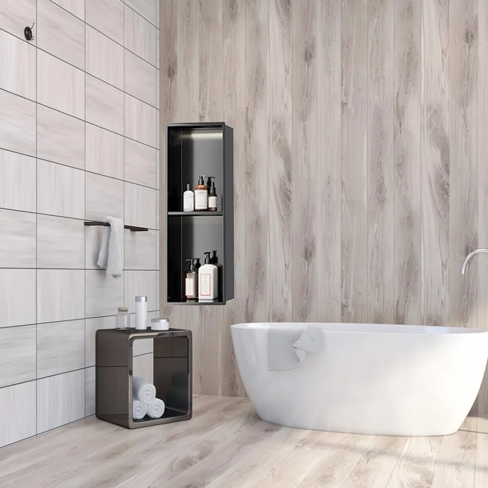 Ducha de Pared de Acero Inoxidable con luz LED, Estante de Almacenamiento de nicho de Ducha Empotrado para baño, no Requiere Azulejos (Negro, 70 x 28 x 12,5 cm)