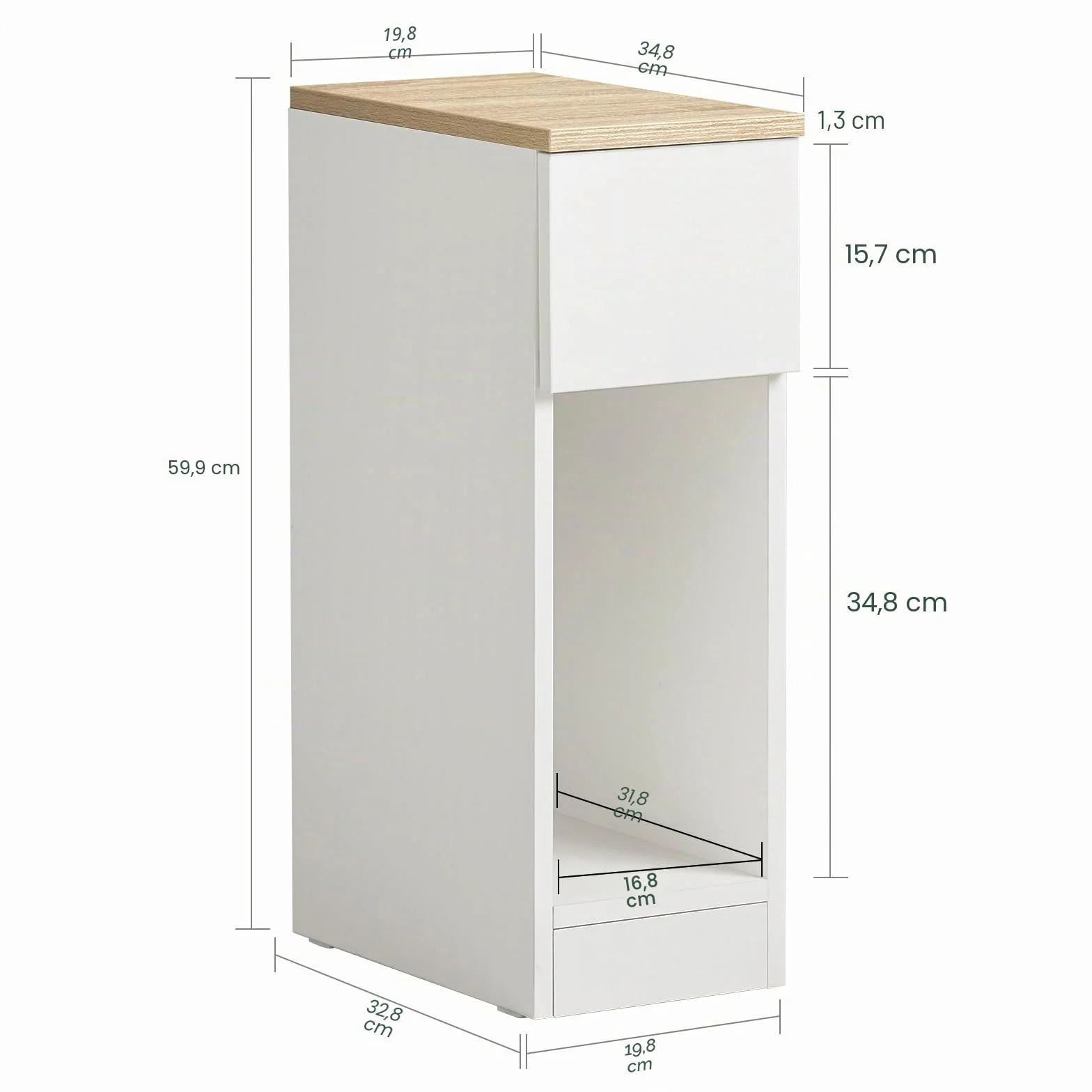 SoBuy Mesita de Noche Estrecha 20 cm con cajón Mesa de Noche ahorradora de Espacio & mesilla de Noche para Espacios pequeños Dormitorio salón Blanco 20x35x60 cm FBT111-WN