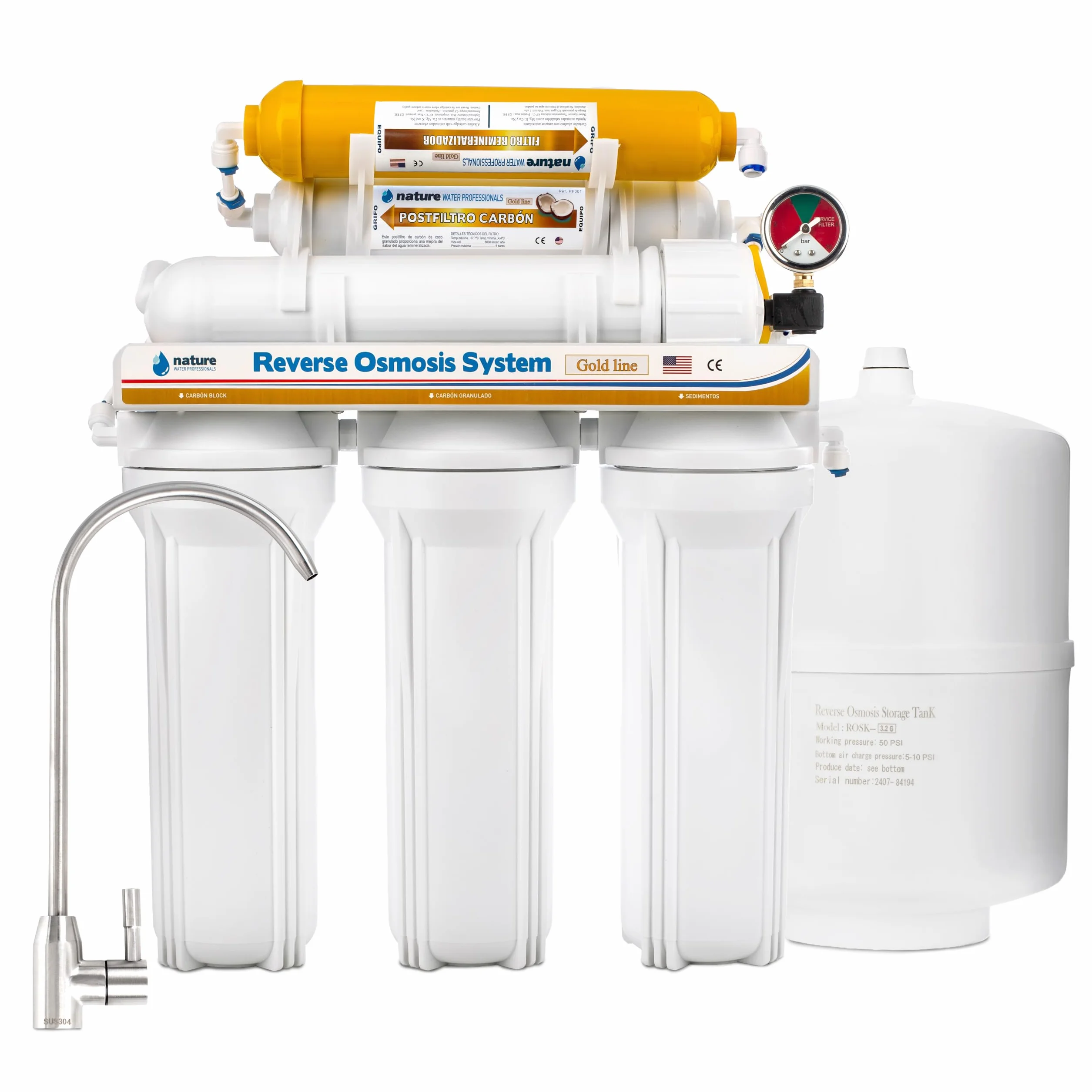 NATURE WATER PROFESSIONALS Equipo de Osmosis Inversa - Kit para Osmosis de 6 Etapas - Capacidad para 5 L - Incluye Membrana Vontron de 50GPD, Deposito y Filtros