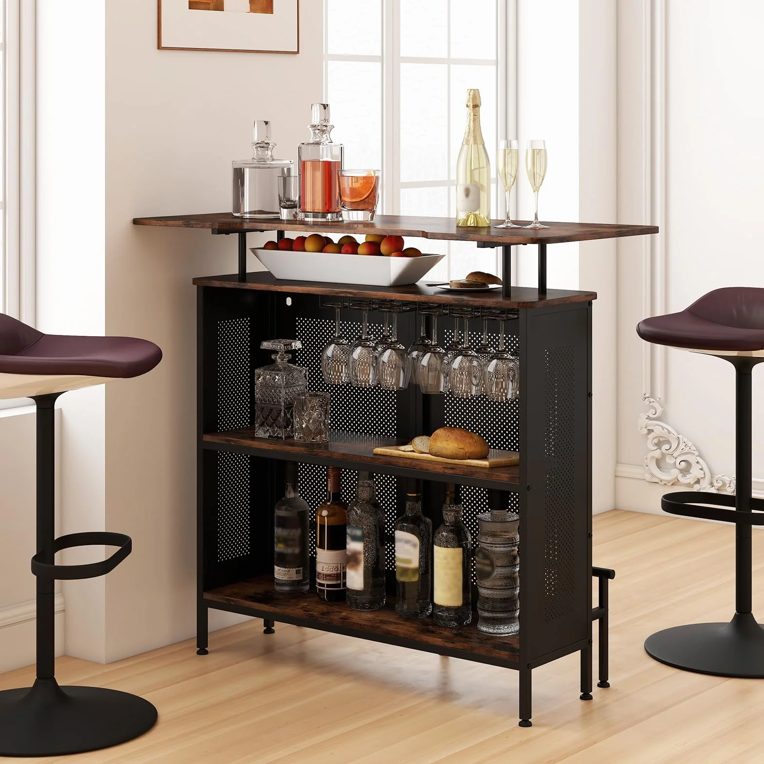 KOMFOTTEU Mesa Alta de Bar con Estante Elevado y Portavasos, Mesa Barra de Cocina de 4 Niveles de Metal, Mueble de Comedor Industrial con Patas Ajustables (Rectangular, Marrón)