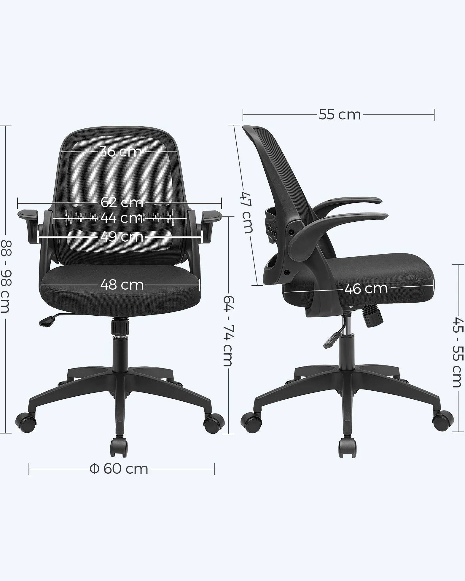 SONGMICS Silla de Oficina, Silla de Escritorio, Silla Giratoria Ergonómica, Silla de Ordenador, Altura Ajustable, Apoyabrazos Abatibles, Mecanismo de Inclinación, Negro OBN035B01