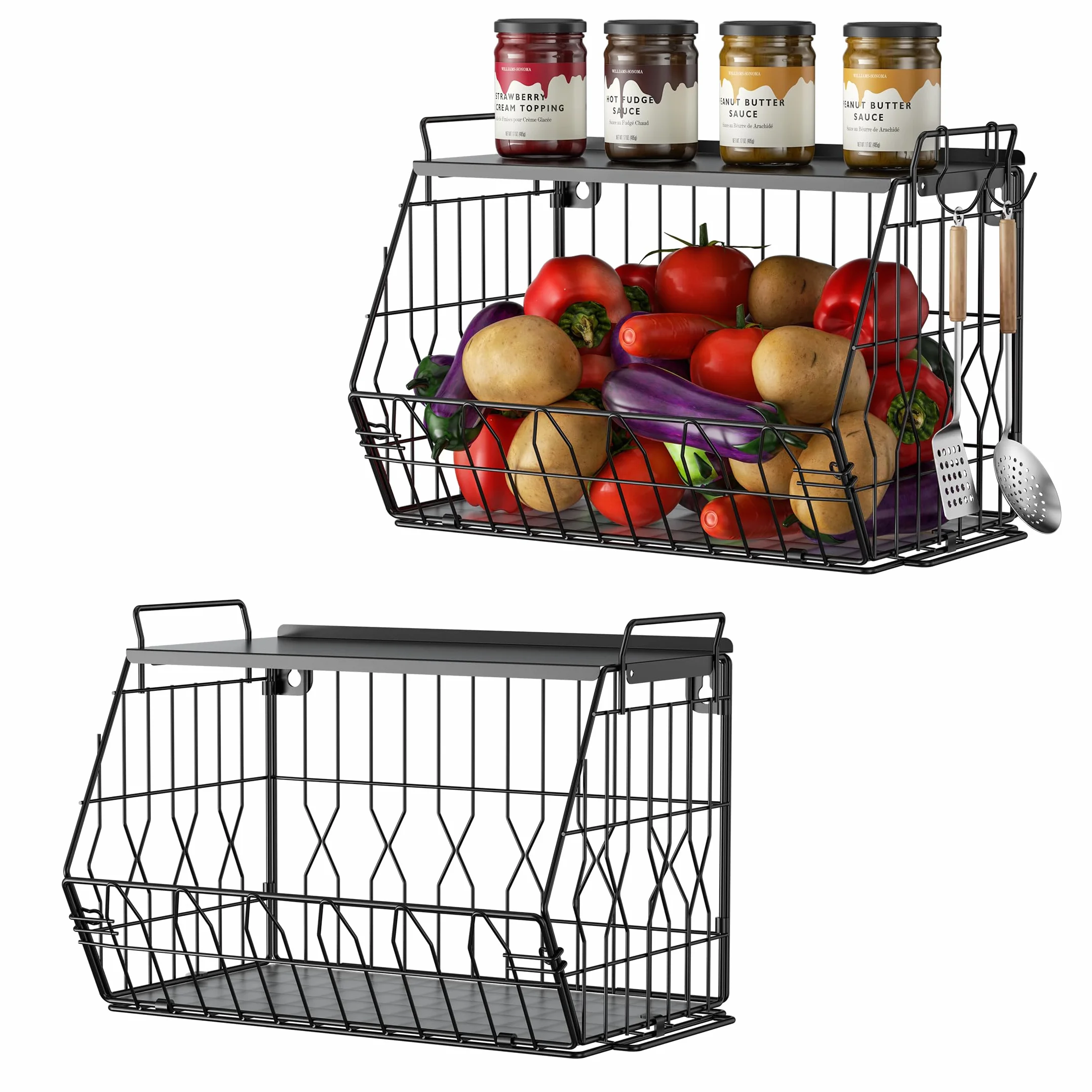 Ezprotekt Paquete de 2 cestas de frutas apilables con tapas de metal, cesta de frutas, cestas de frutas apilables montadas en la pared, cestas de patatas, almacenamiento de cebollas para cocina, cesta