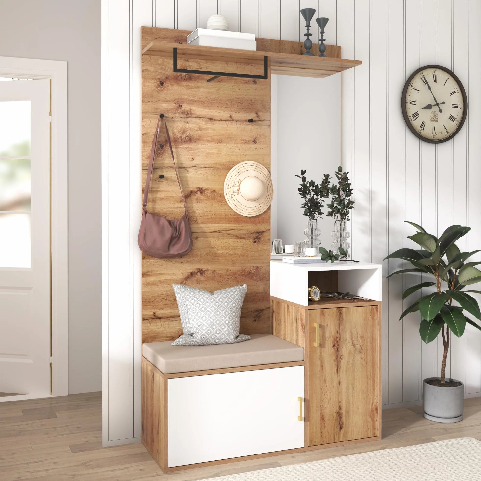 LAKFEW Juego de Perchero con Espejo, Perchero Zapatero con 4 Ganchos y 2 Puertas, Conjunto de Percheros Mueble Recibidor Entrada con Estante de Almacenamiento, 105x40x190.5 cm, Color Madera+Blanco