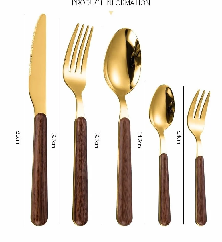 Este Juego de Cubiertos, 5/20/30/40 Piezas, Cuchillo, Tenedor y Cuchara de Acero Inoxidable con Mango de Madera, Estilo Retro, Incluye Cuchara para café, Postre y Tenedor para Fruta, Color p
