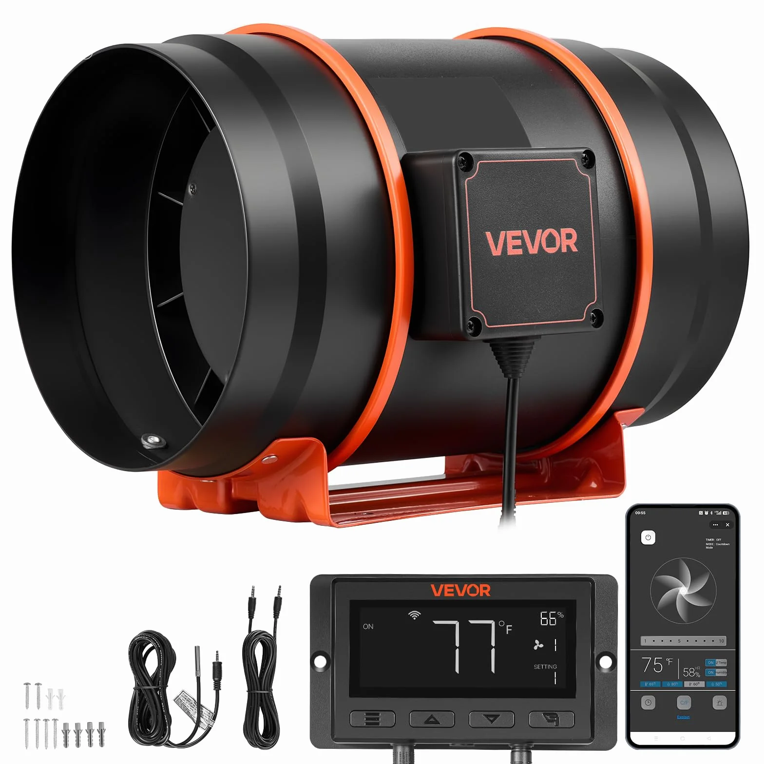 VEVOR Ventilador de Conducto en Línea 3200 RPM, Extractor de Ruido Reducido con Motor EC, 1372 m³/h, 10 Velocidades, Controlador PWM y App, Sensor de Temperatura y Humedad, para Armarios de Cultivo