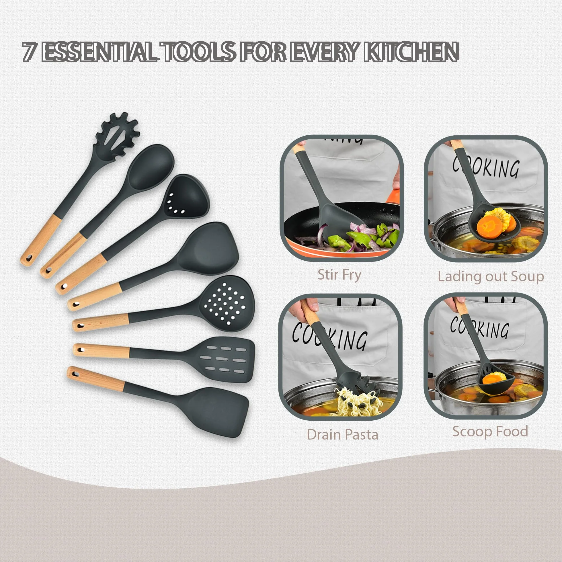 Juego de 7 utensilios de cocina con mango de madera, cabeza de silicona antiarañazos + nailon resistente al calor (cuchara ranurada, cuchara sólida, colador para pasta, espátula) para utensilios de