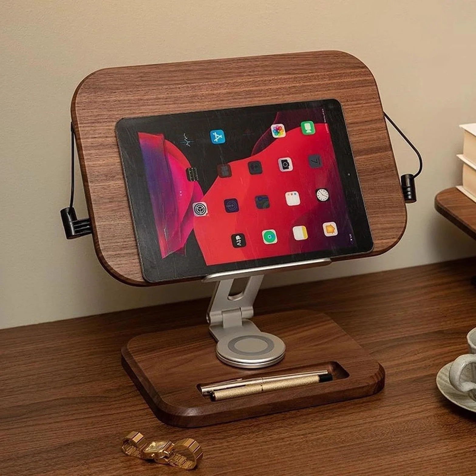 Atril de Lectura Soporte Giratorio para Libros Partituras y Portátil con Estructura de Madera y Metal de Adecuado para Oficina Cocina
