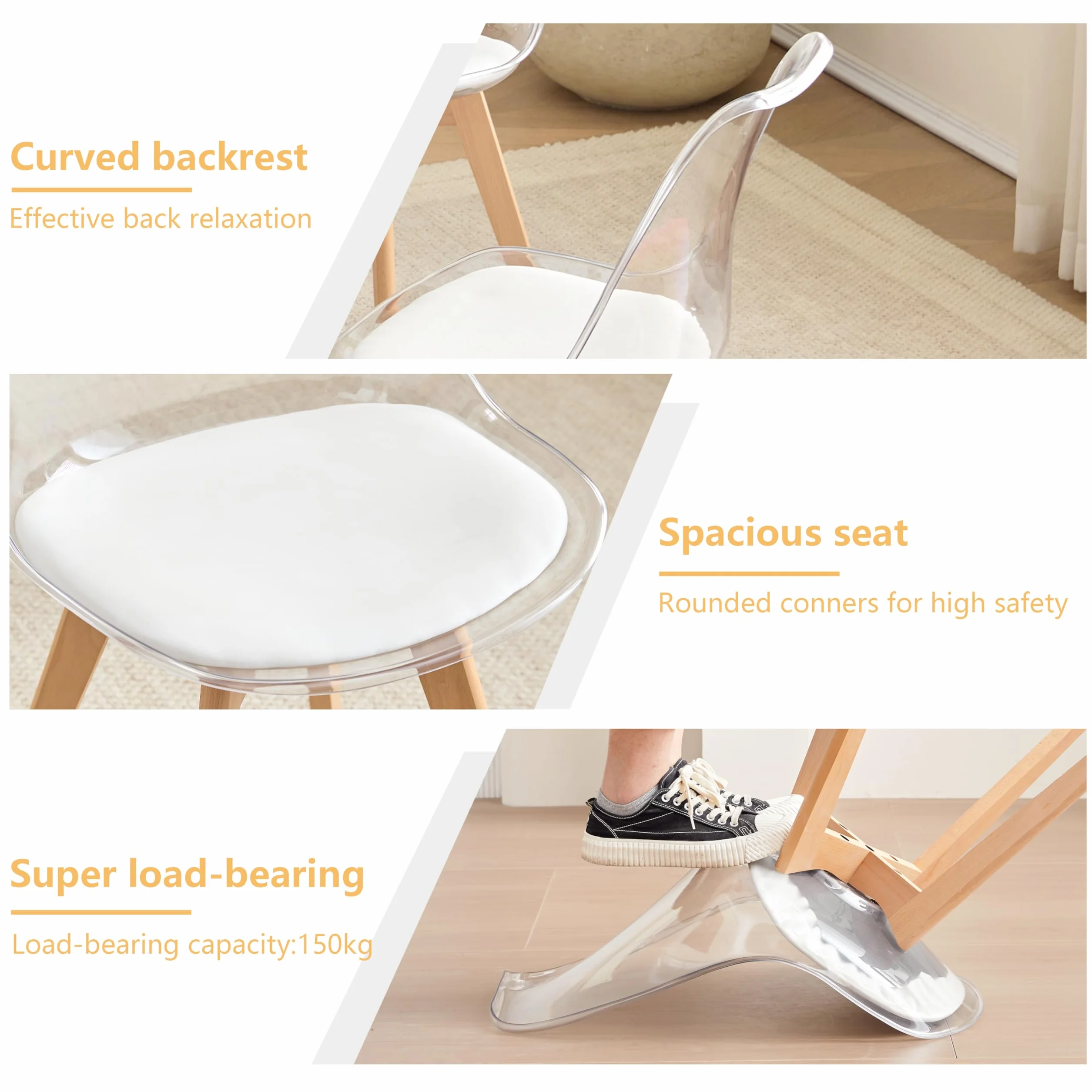 GrandCA HOME Transparente Sillas de Comedor Tapizadas en Tela,Nordicas Sillas Pack 4 para Cocina Comedor Dormitorio (Pack 4, Blanco/Cuero)