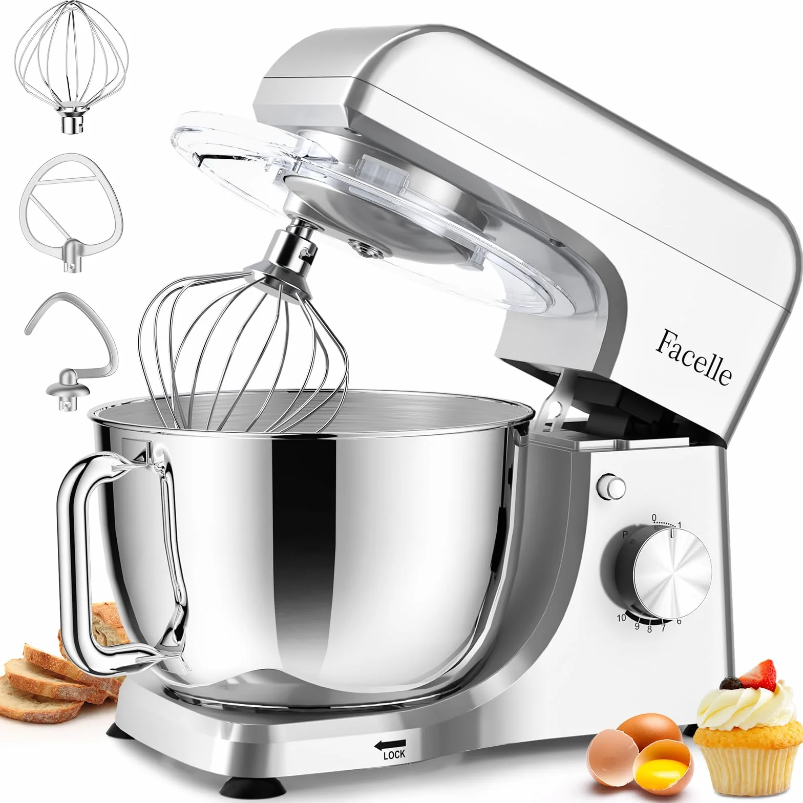 Facelle Batidora Amasadora de Repostería 1500W, Amasadora de Pan con 10 Velocidades + Función Pulse, Bol de Acero Inoxidable de 5,5L, Movimiento Orbital, con Varillas, Gancho Amasador y Batidor Plano