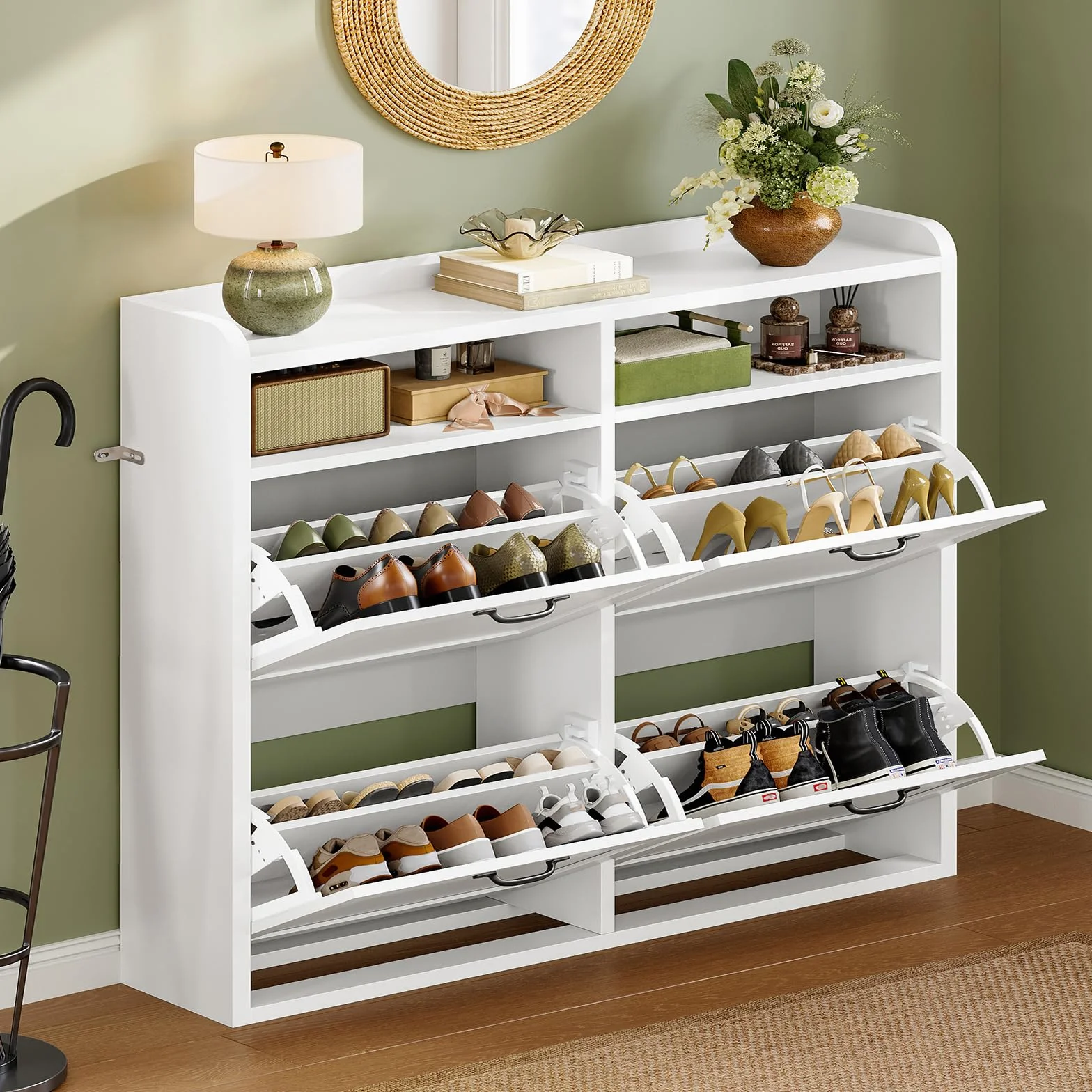 TEENFON Mueble Zapatero Recibidor Estrecho–105cm de Ancho, Armario Zapatero con 4 Solapas y 2Compartimentos Abiertos, Estantes Ajustables, para16–24Pares de Zapatos, Apto para Pasillo,Recibidor,Blanco