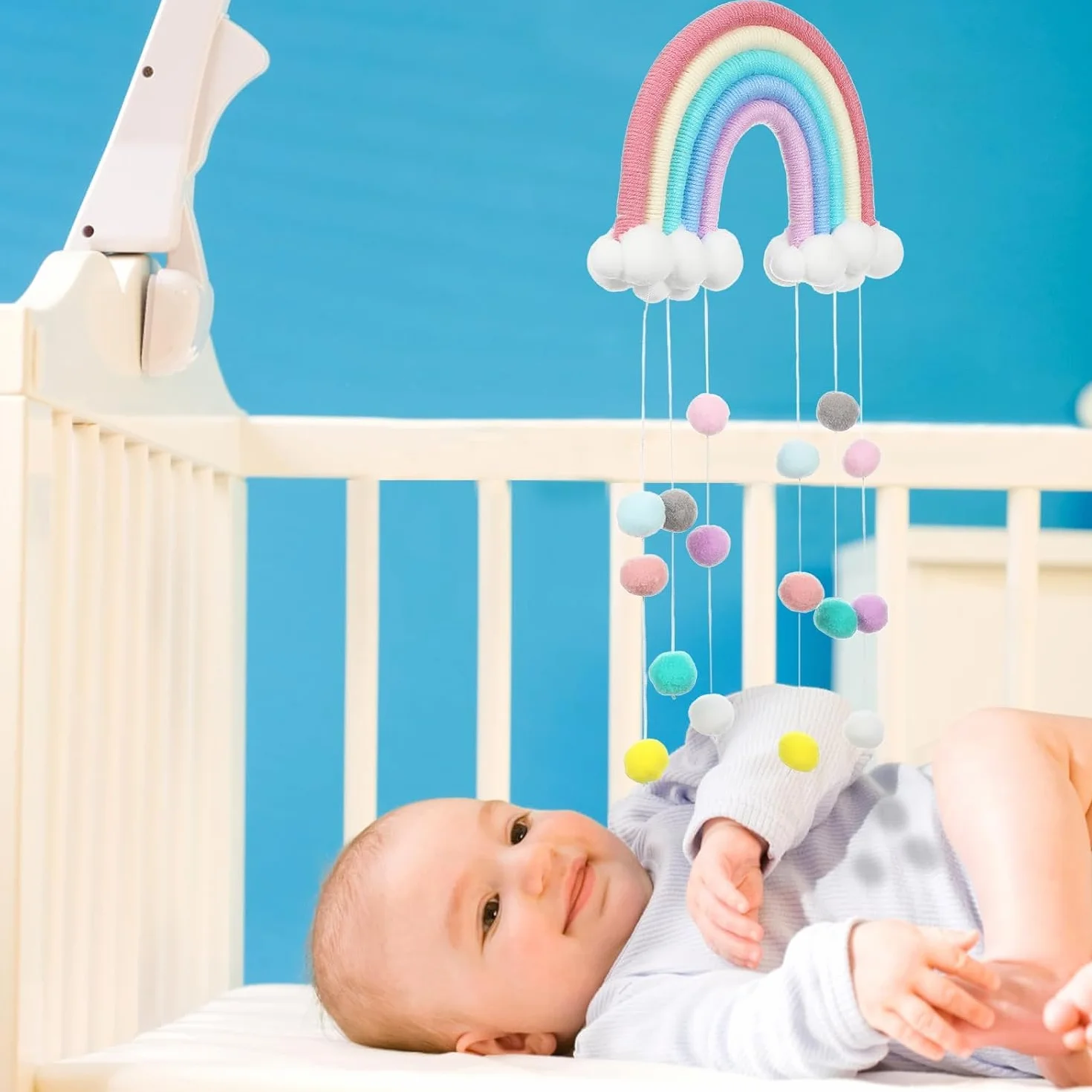 Macramé Decoración de Pared Nubes Arcoíris Pompones Boho para Niños Habitación Infantil