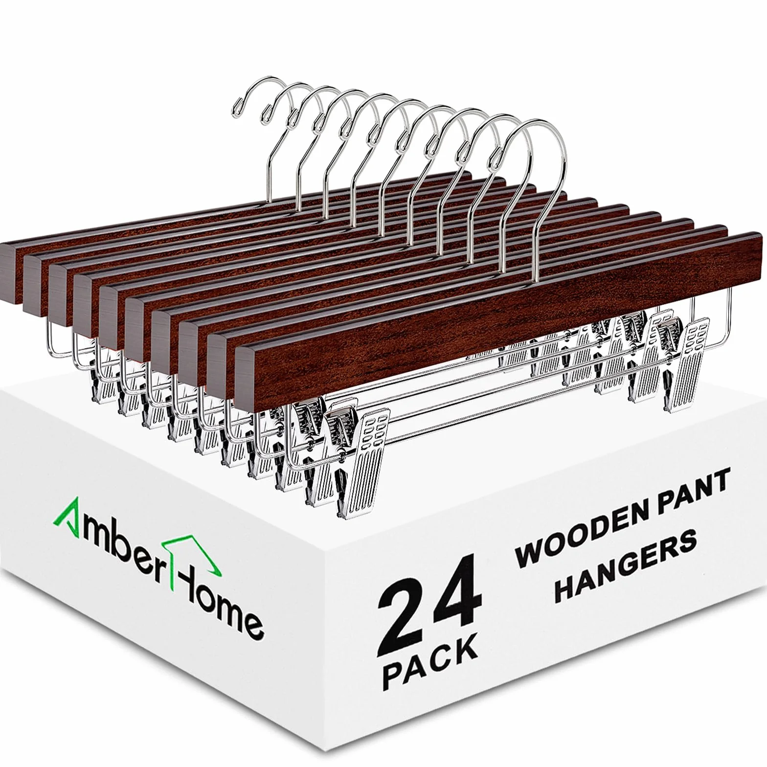 Amber Home Paquete de 24 perchas de madera de nogal con clips ajustables, 14 pulgadas | Perchas de madera para faldas y pantalones, perchas de armario para parte inferior, jeans, pantalones cortos