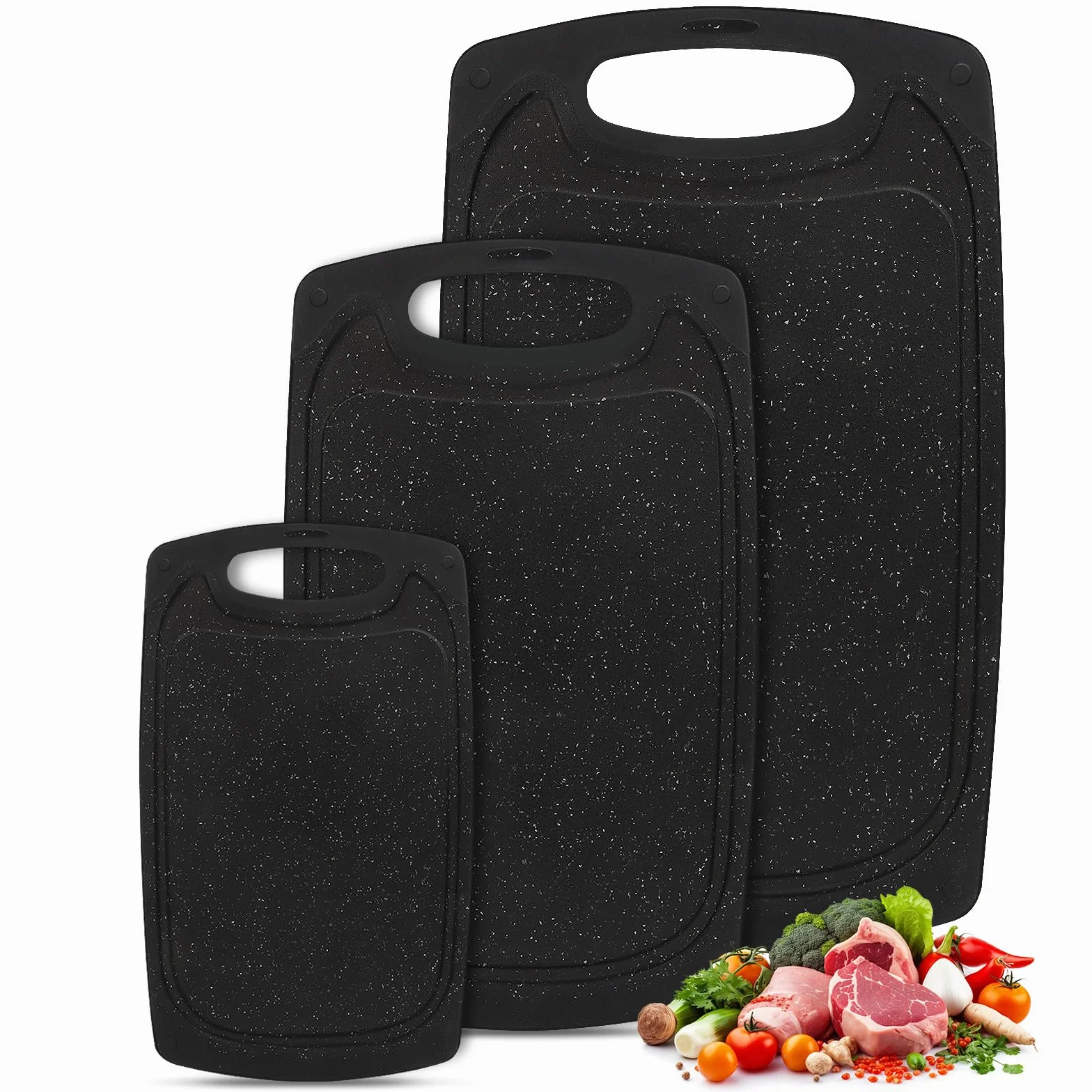 Set de 3 Tablas de Cortar de Plástico Sin BPA con Asas y Ranura para Jugo Antideslizante Negro