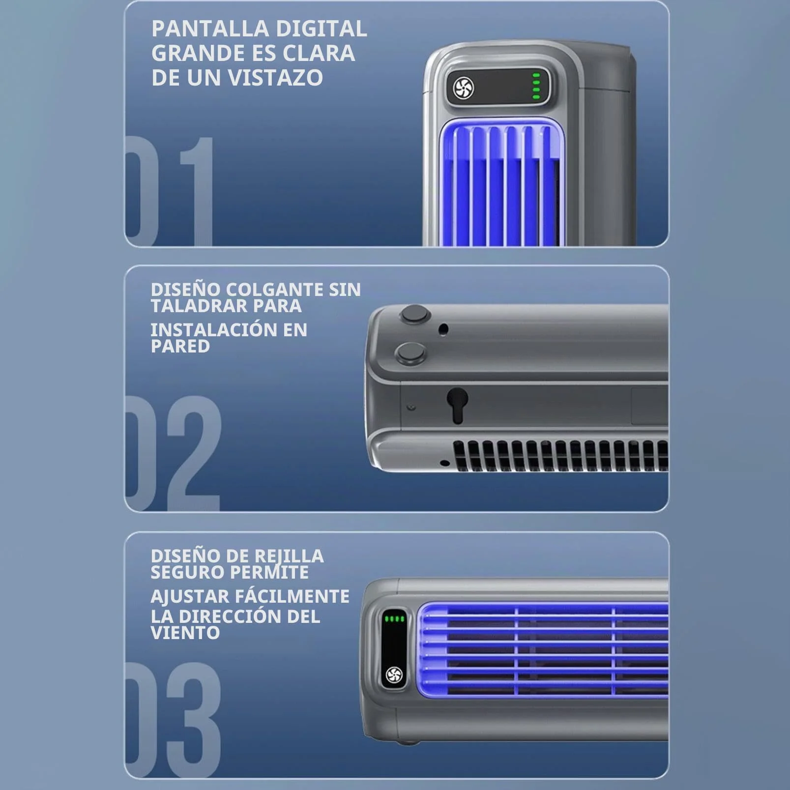 Enfriador de aire portátil, 3 ajustes de velocidad, flujo de aire circulante, funcionamiento silencioso, ahorro de energía, pantalla LCD, recargable por USB, montaje en pared sin perforación, para