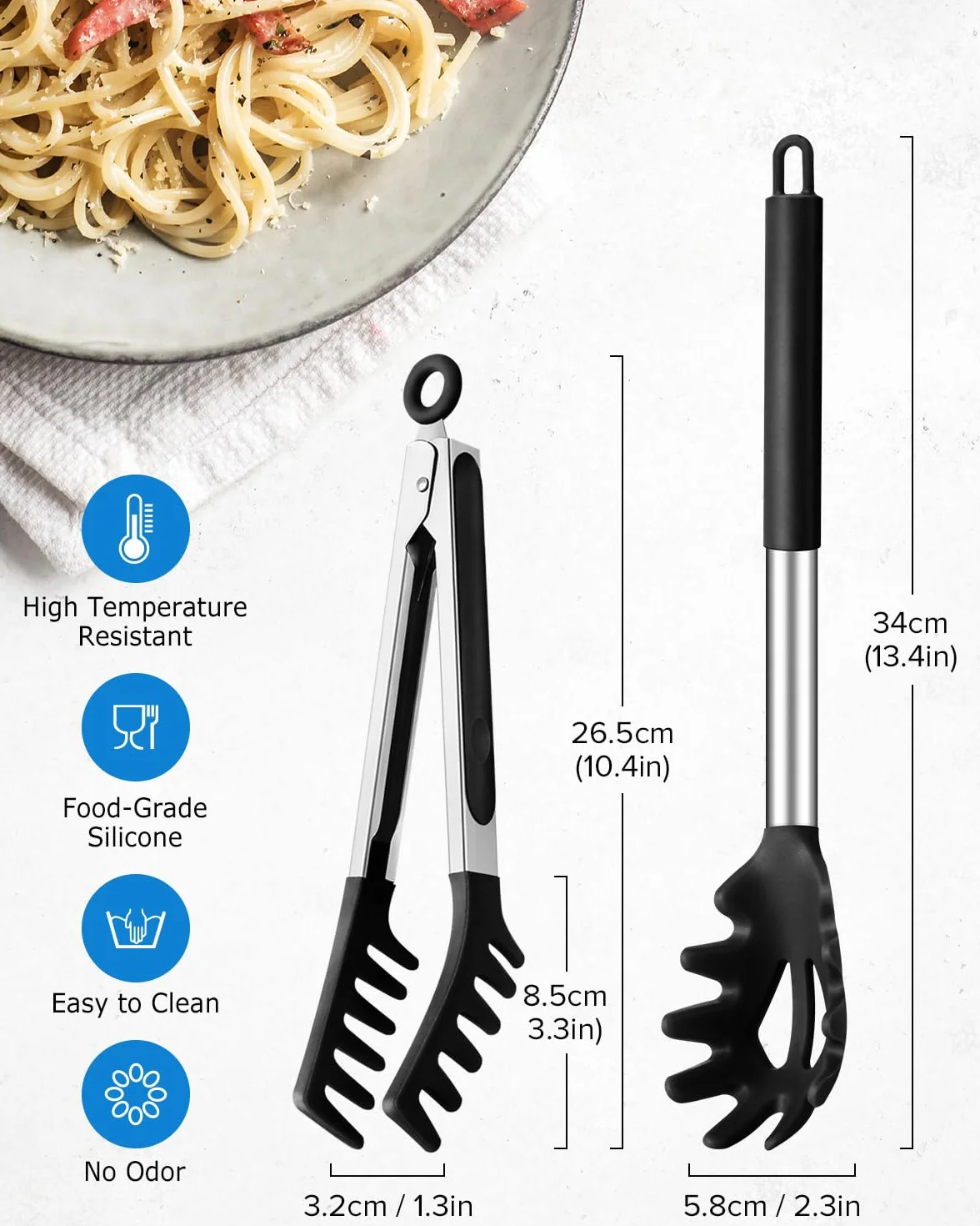 Cuchara de espagueti y pinza para pasta de silicona antiadherente con mango de acero inoxidable negro