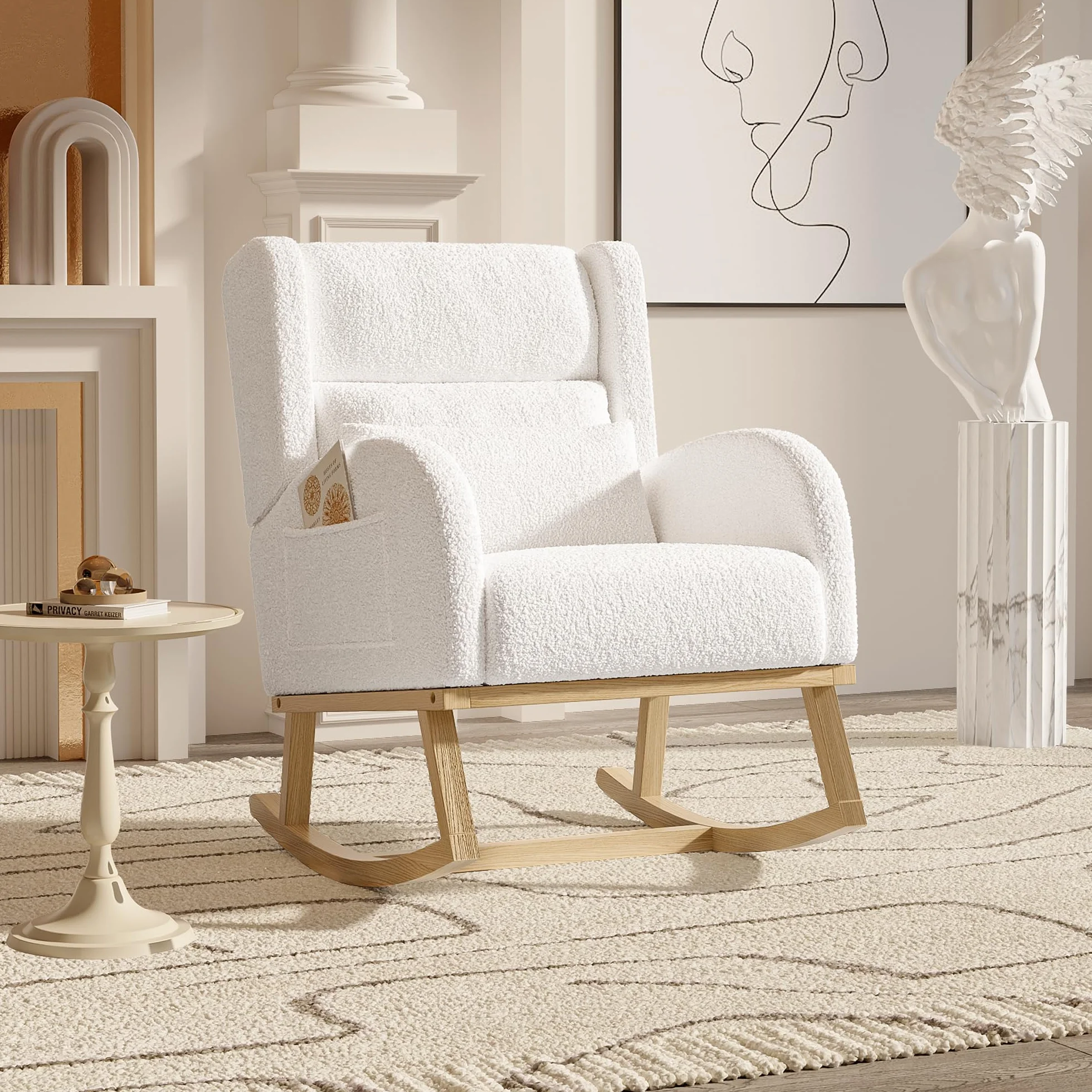 Mecedora, Mecedora de salón para interior, Mecedora con cojín lumbar, Silla de lactancia de terciopelo tipo peluche con patas de madera maciza, Blanco
