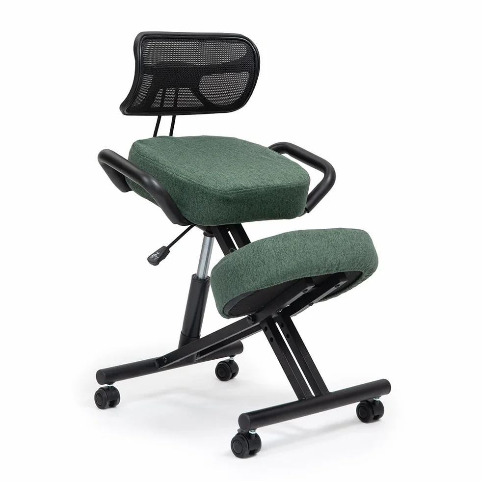 Suguri Silla ergonomica rodillas para oficina el hogar y la hecho de cuero ecológico. Kneeling chair para el dolor de espalda, active posture. Cubiertas intercambiables incluidas. Verde botella