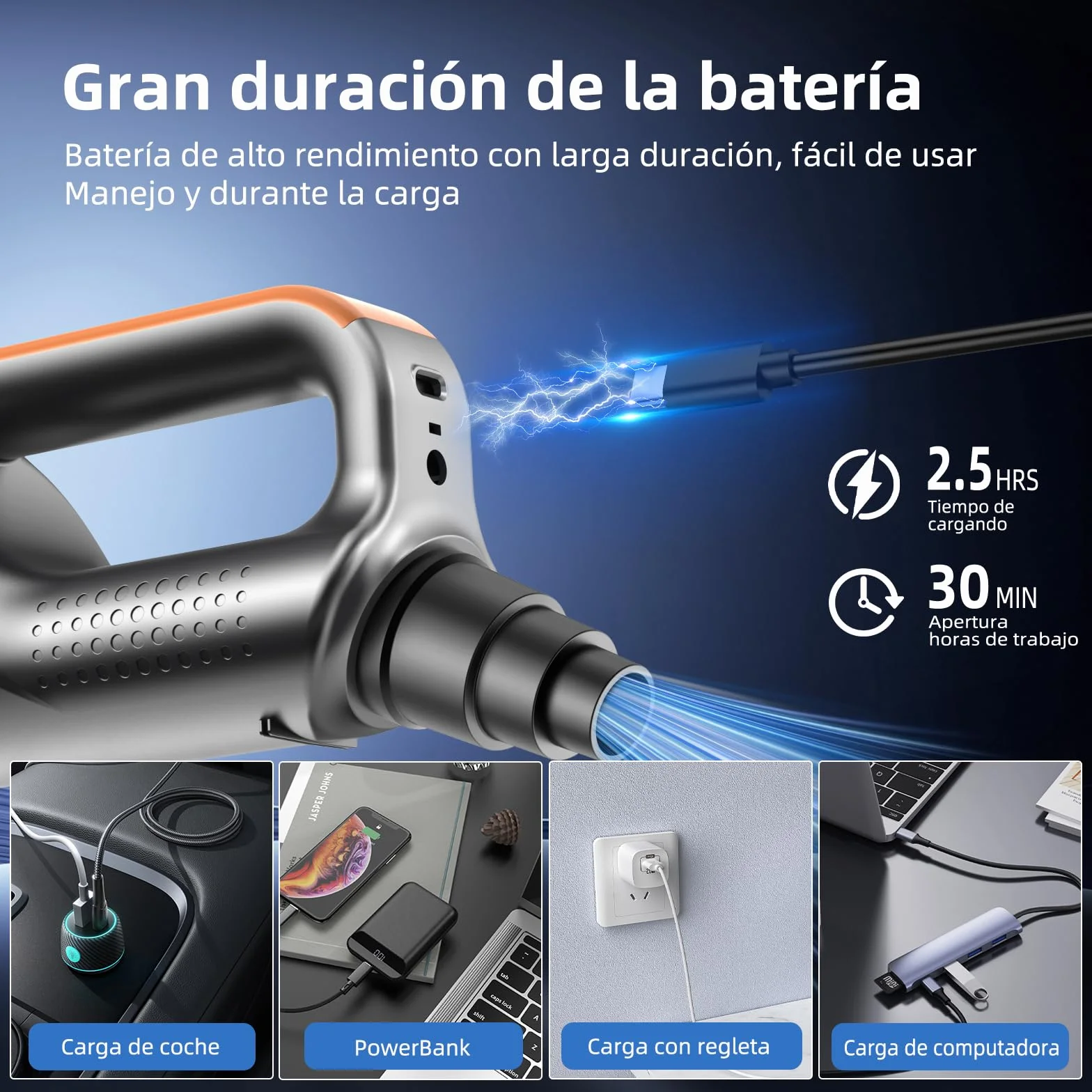 Aspirador de Mano 26000Pa 4-en-1 Sin Cable Motor Sin Escobillas Pantalla HD Iluminación LED Naranja