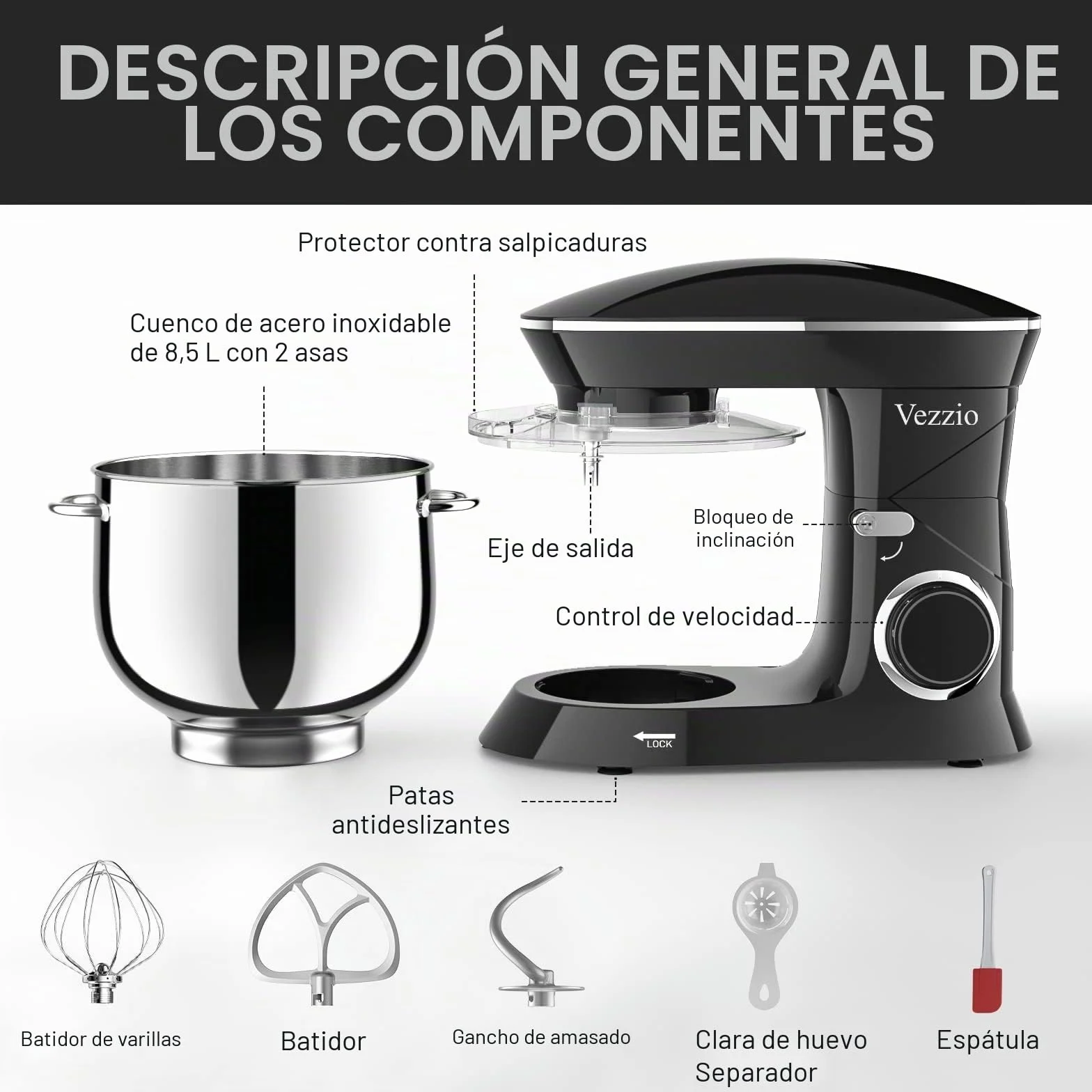 Batidora Amasadora Vezzio 8.5L Repostería Profesional 1500 W 6 Velocidades Robot de Cocina Batidora Multifunción Bajo Ruido Bol de Acero Inoxidabl, Amasador, Batidor y Varillas (Black)