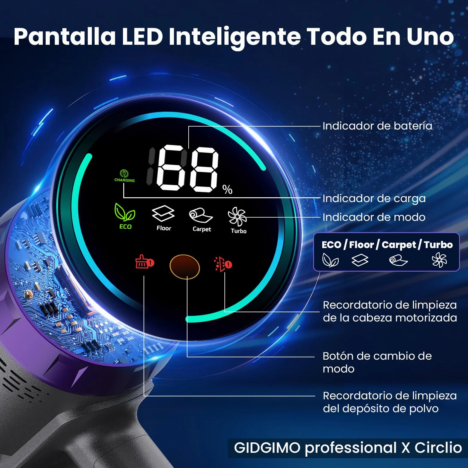 GIDGIMO professional X Circlio Aspiradora Sin Cable 58000Pa/600W/75Min, Escoba Aspiradora sin Cable de 1.6L, Pantalla LED Inteligente, Aspirador Antienredo para Suelos, Alfombras y Pelo de Mascotas