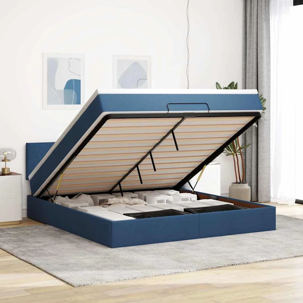 Cama otomana con colchón, 160 x 200 cm, cama de almacenamiento, en color azul, LED, cabecero de invitados, cama de invitados, comodidad para jóvenes y adultos, para dormitorios y habitaciones
