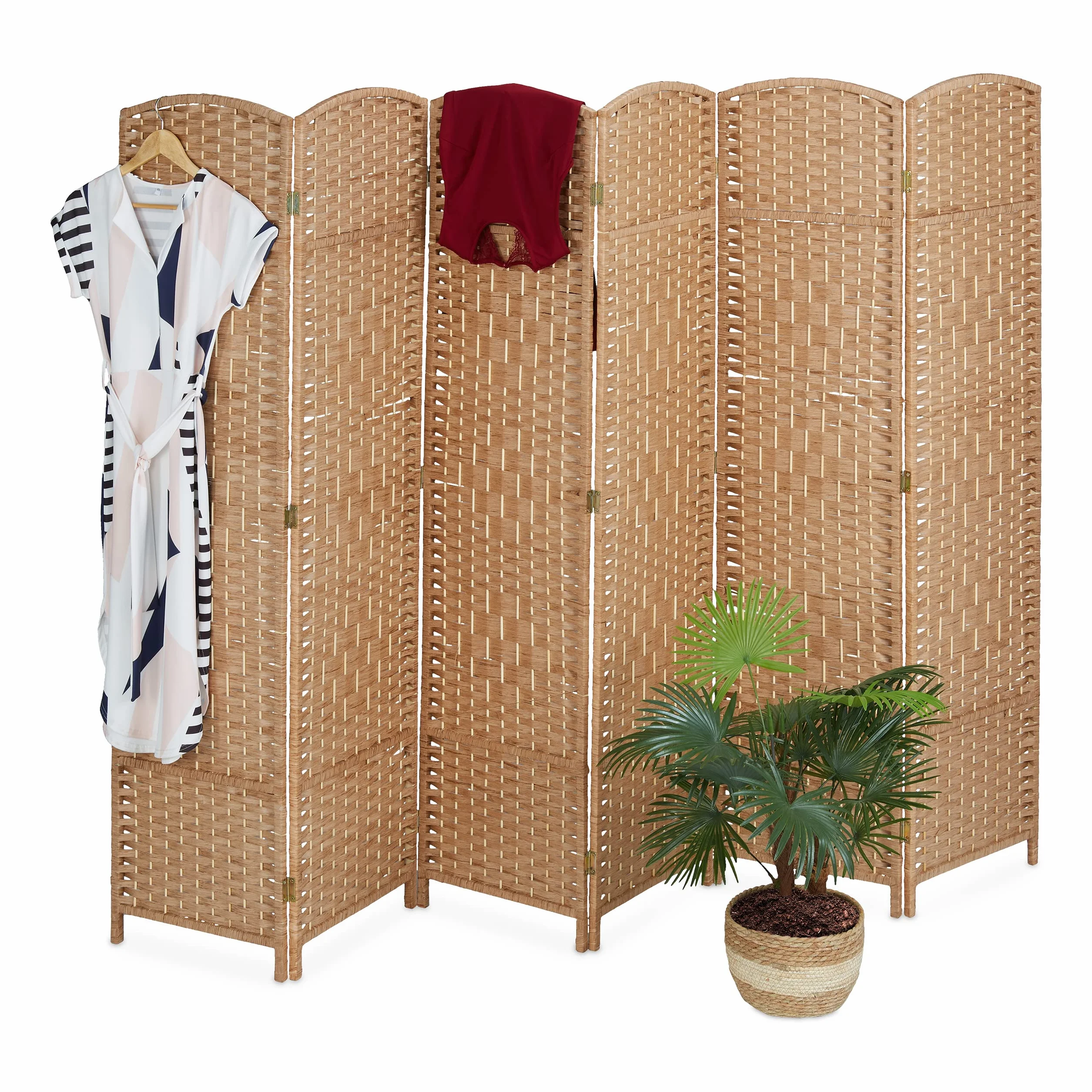 Relaxdays Biombo, 6 Paneles, Separador Ambientes Plegable, 170x241 cm, Interior, Madera, Cuerda Papel, Parabán, Natural