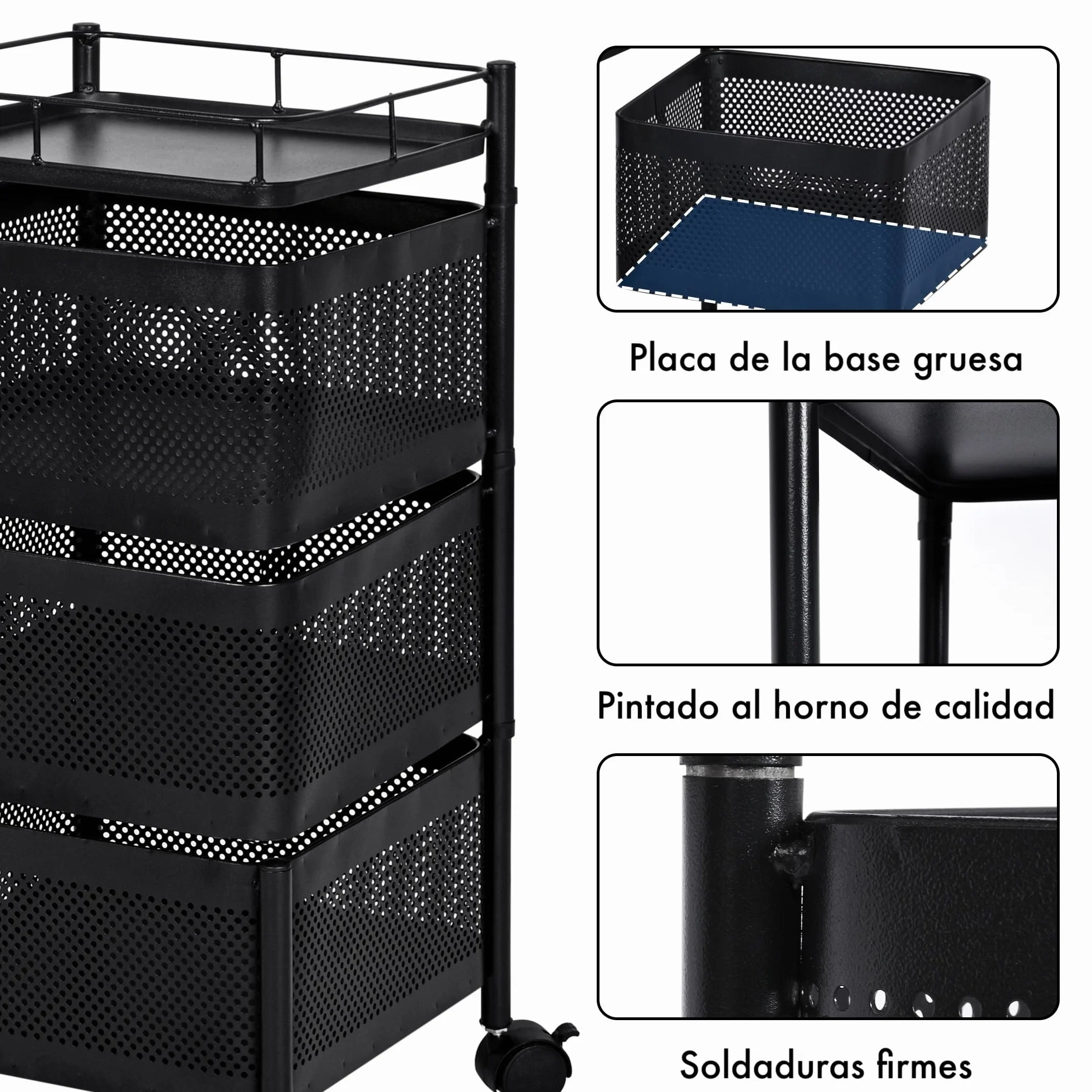 Carro auxiliar metálico con ruedas y cestas plegables estantería organizador de metal gran capacidad