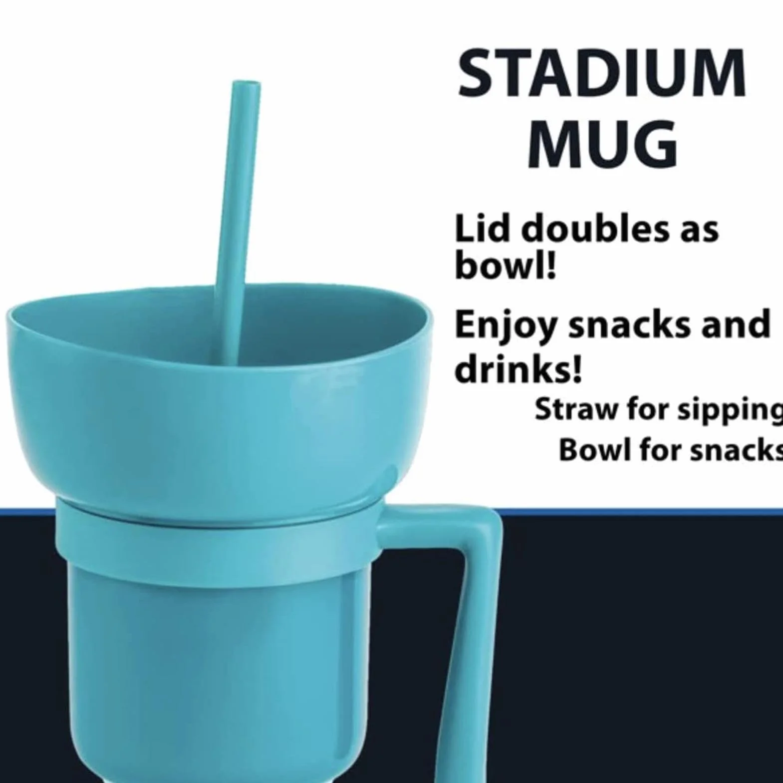 Vaso de estadio de 32 onzas con cuenco para aperitivos, a prueba de fugas, 2 en 1, recipiente para bebidas y aperitivos con pajilla, apto para viajes, con tapa de cuenco, ideal para adultos y niños