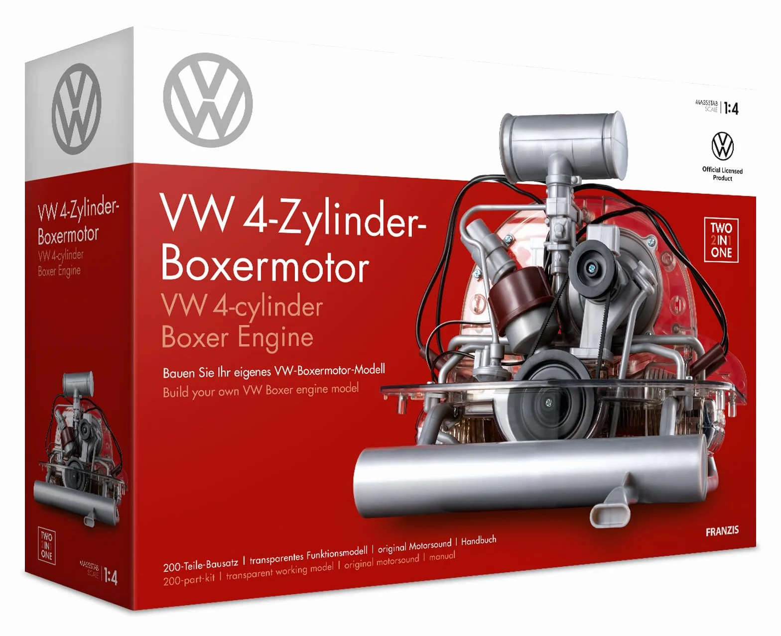 FRANZIS 67308 – Volkswagen VW 4 Cilindros Motor Boxer 2 en 1, Fiel Motor a Escala 1:4, Incluye módulo de Sonido, Instrucciones y Libro de acompañamiento de 100 páginas