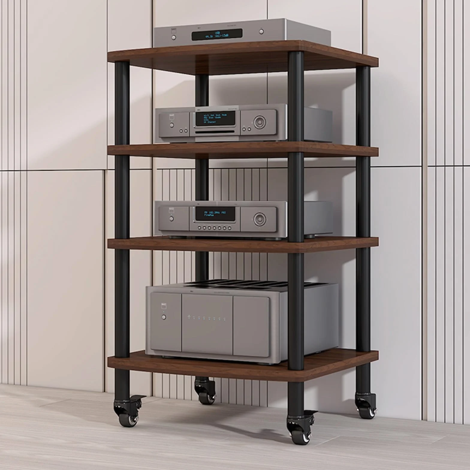 Soporte para AV de 4 niveles y estante de reproducción de discos de nogal, elegante gabinete de madera para discos de vinilo, consolas de juegos y equipos de audio, estantes ajustables, centro de