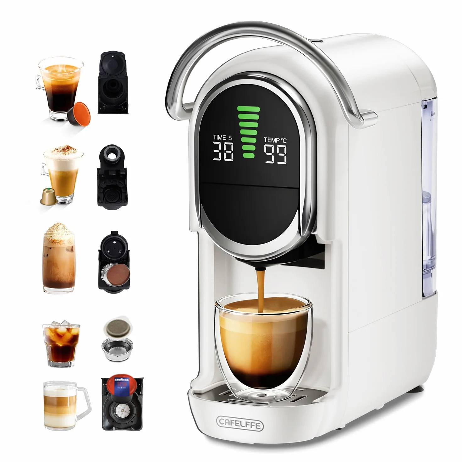 Cafelffe MK-609S Cafetera Multicápsulas 5-en-1,7 Tamaños de Preparación & Preparación en Caliente/Frío,19 Bar Máquina de Espresso, Compatible con Nes Original/DG/ESE/Lavaz* Modo Mio/Café Molido, 1450W