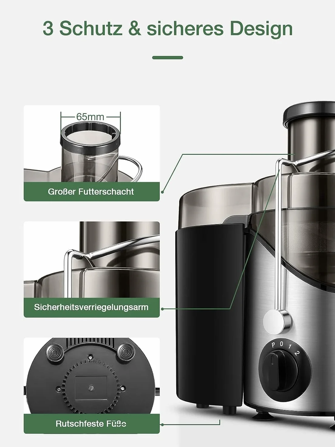 JUILIST Licuadoras Para Verduras y Frutas 400W Extractor de Jugo 65MM Boca Ancha 3 Velocidades Acero Inoxidable Sin BPA