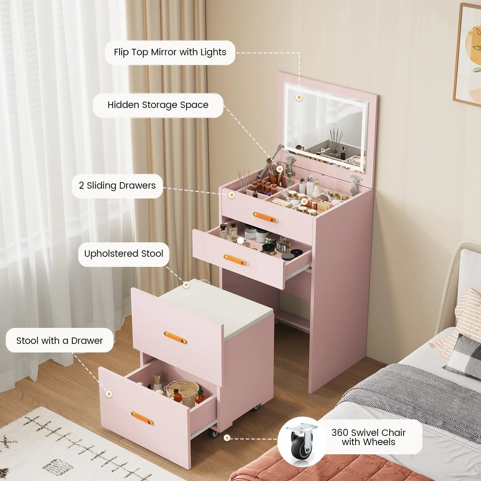 Garvee Tocador Moderno 3 en 1 para Dormitorio con 3 Cajones, Mesa de Maquillaje Multifuncional
