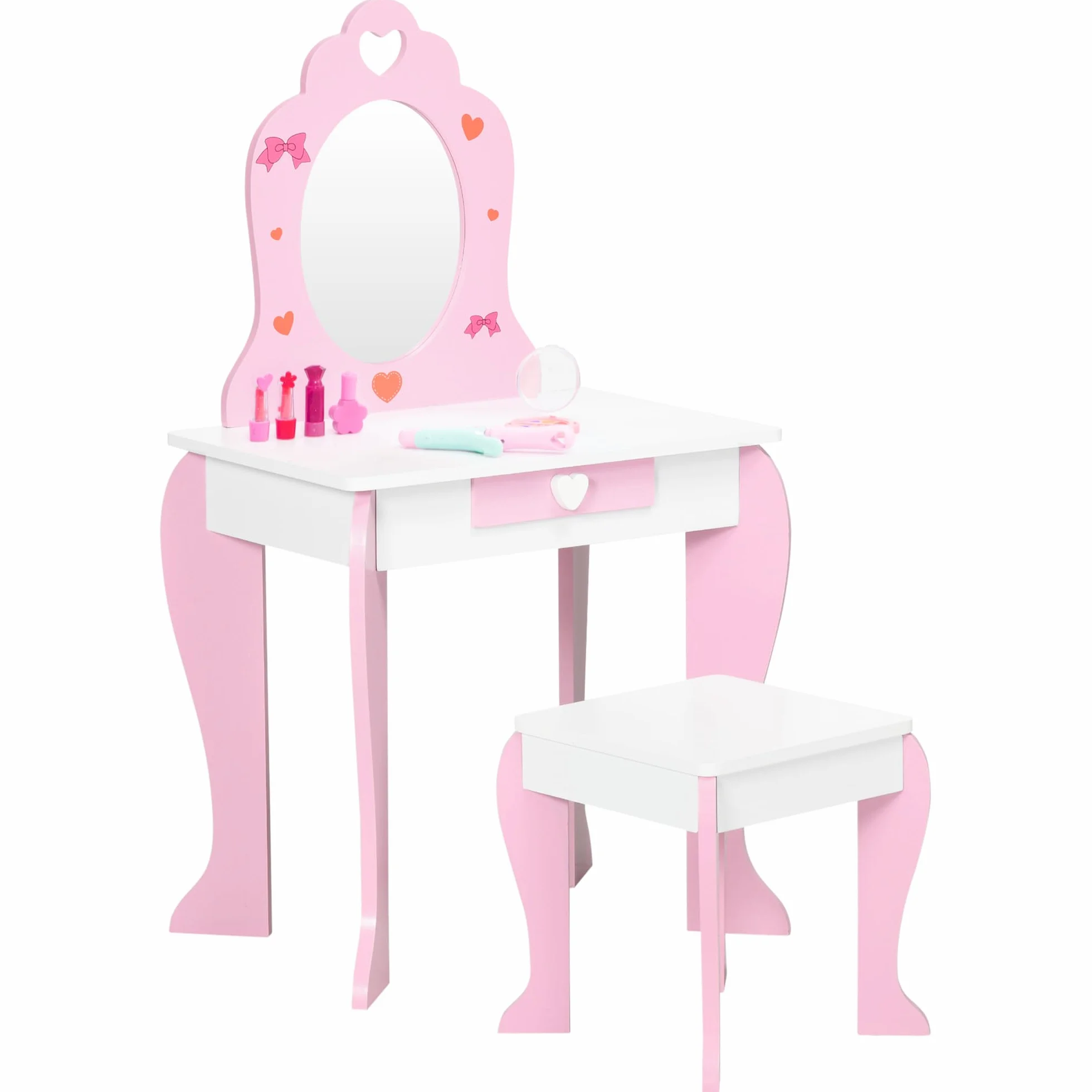 ZONEKIZ Tocador Infantil Madera con Espejo y Taburete para Niñas 3-6 Años 50x36,5x89,5 cm Rosa