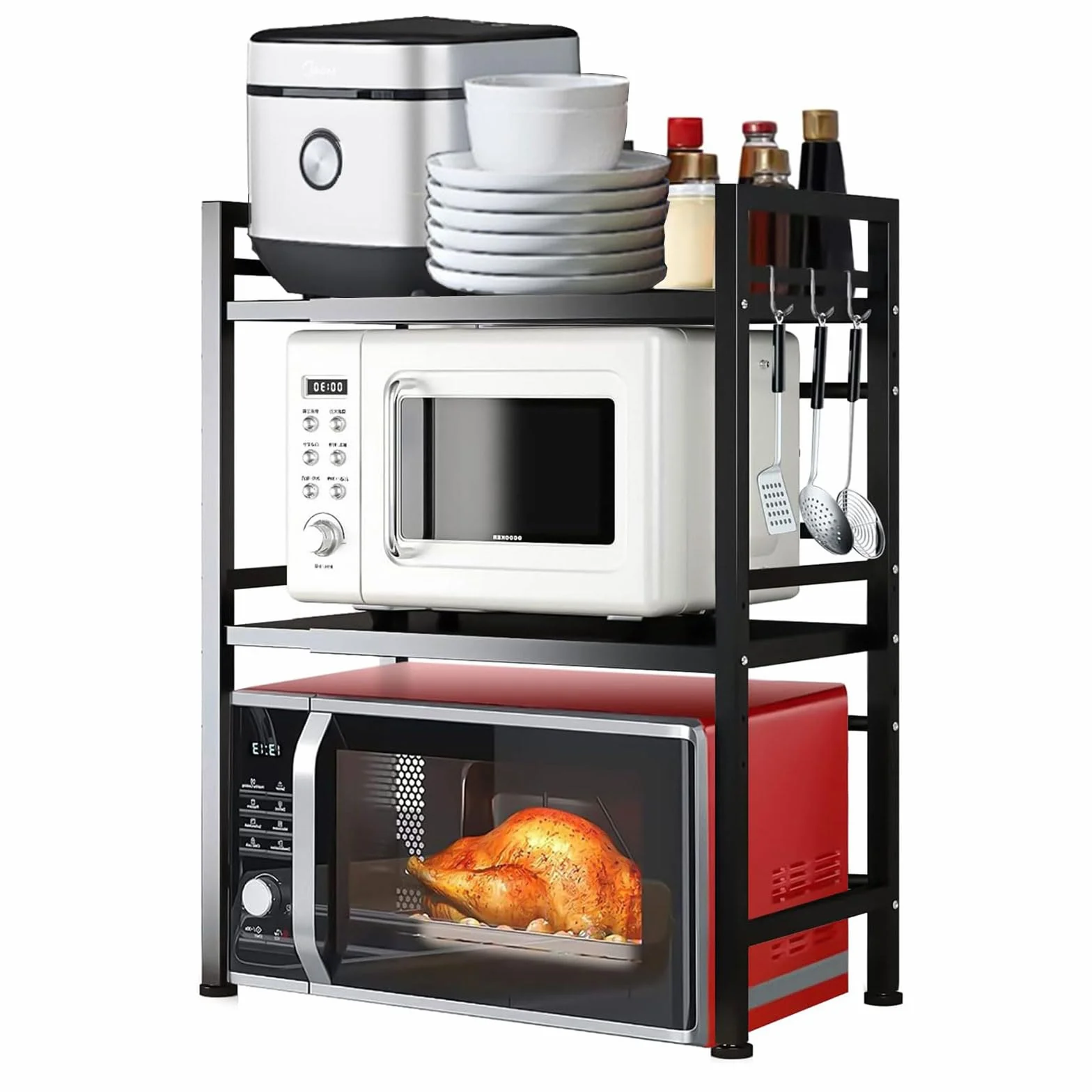 Soporte Extensible para Horno de Microondas, Estante para Horno de Microondas Ajustable, Rejilla para encimera de Cocina Organizador Estanteria Mueble con 6 Ganchos (3 Niveles, Negro)