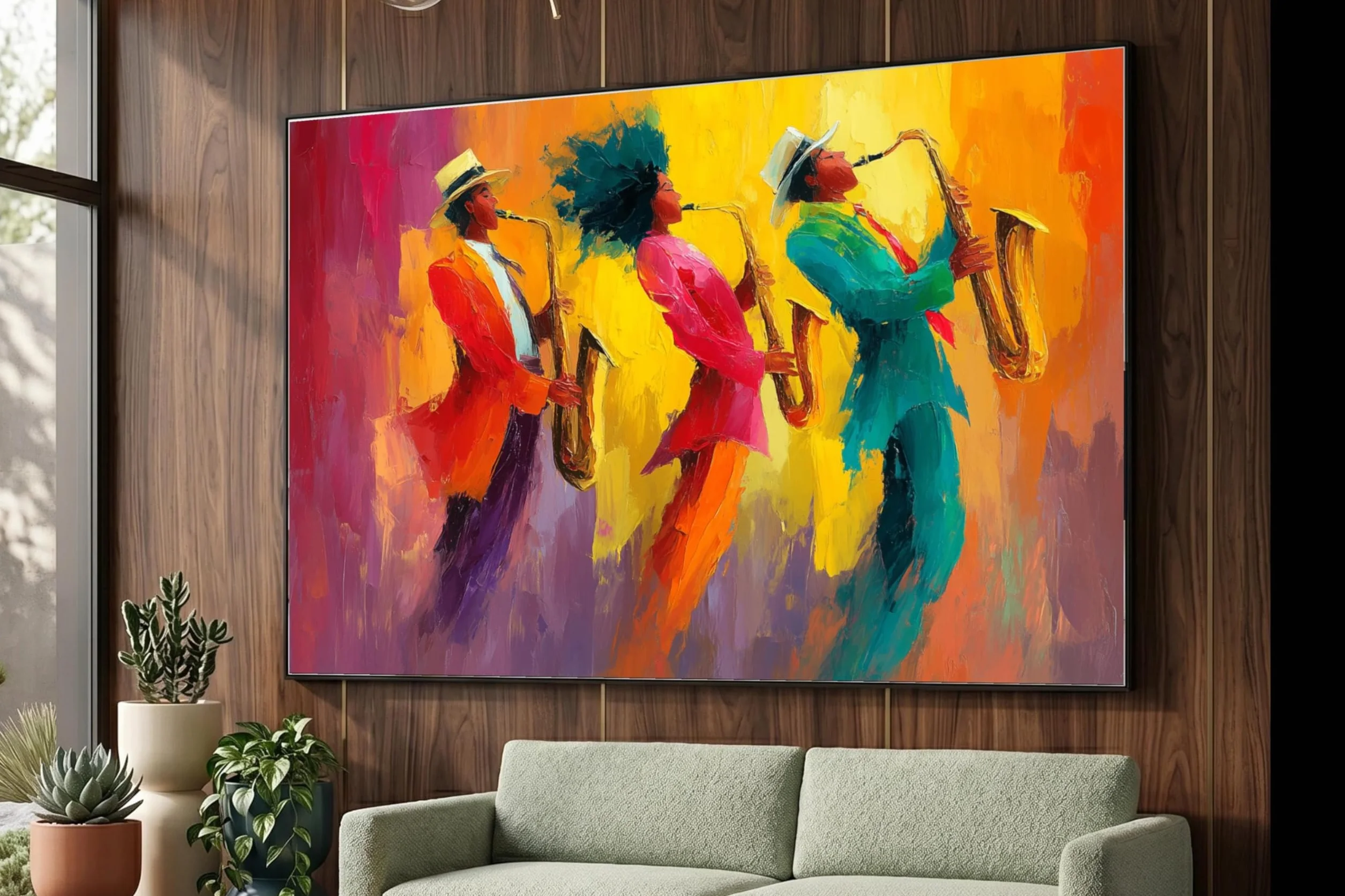 YUSUZHU Cuadro de trío de jazz en lienzo, pintura de saxofonistas coloridos, obra de arte abstracta de músicos, decoración para el hogar, listo para colgar (80x110 cm/marco interior).