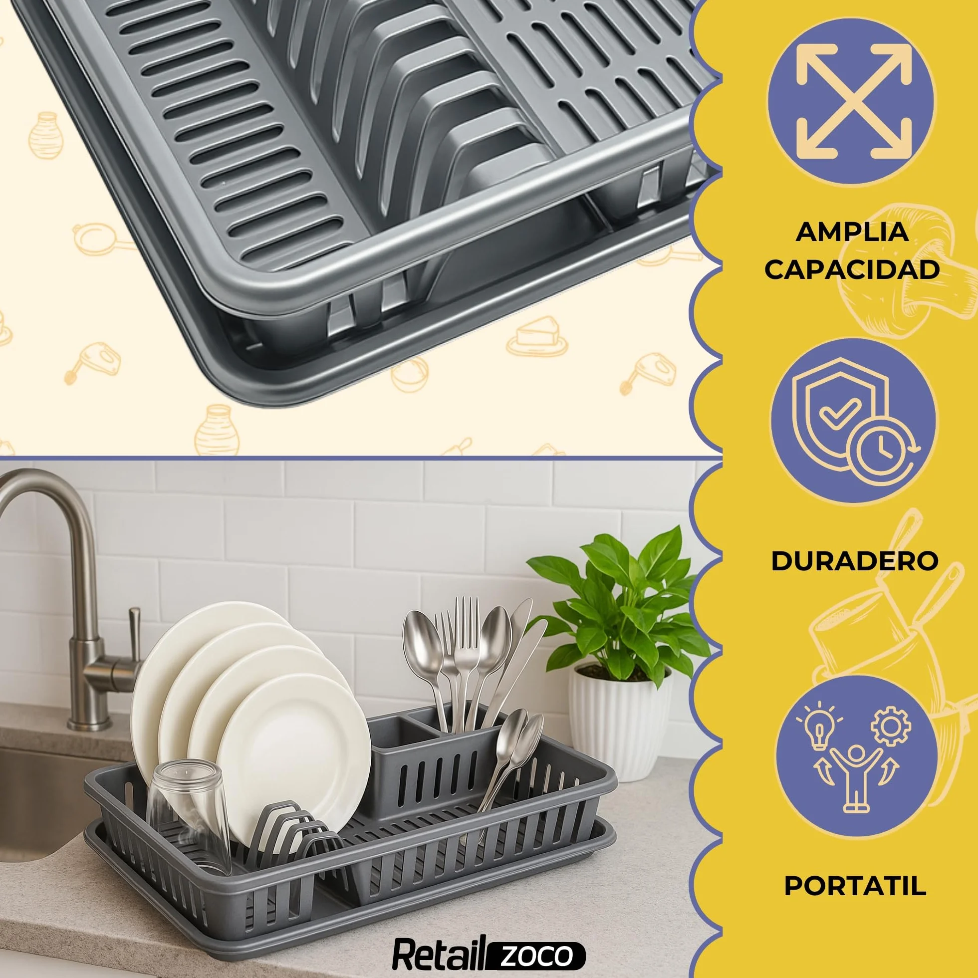 CHEFZOCO Escurreplato de plástico 45 cm de Ancho, Escurridor de Platos con Bandeja Anti-Goteo, Gris