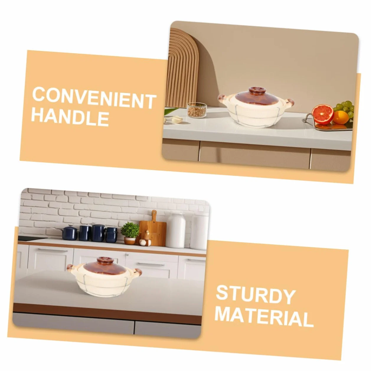 Olla de Barro con Asa para Cocinar, 2 Piezas Beige de Arcilla | Hierro Incluido Estructura, Diseño de Agarre Seguro y Resistente al Calor, para Sopas y Preparación Individual