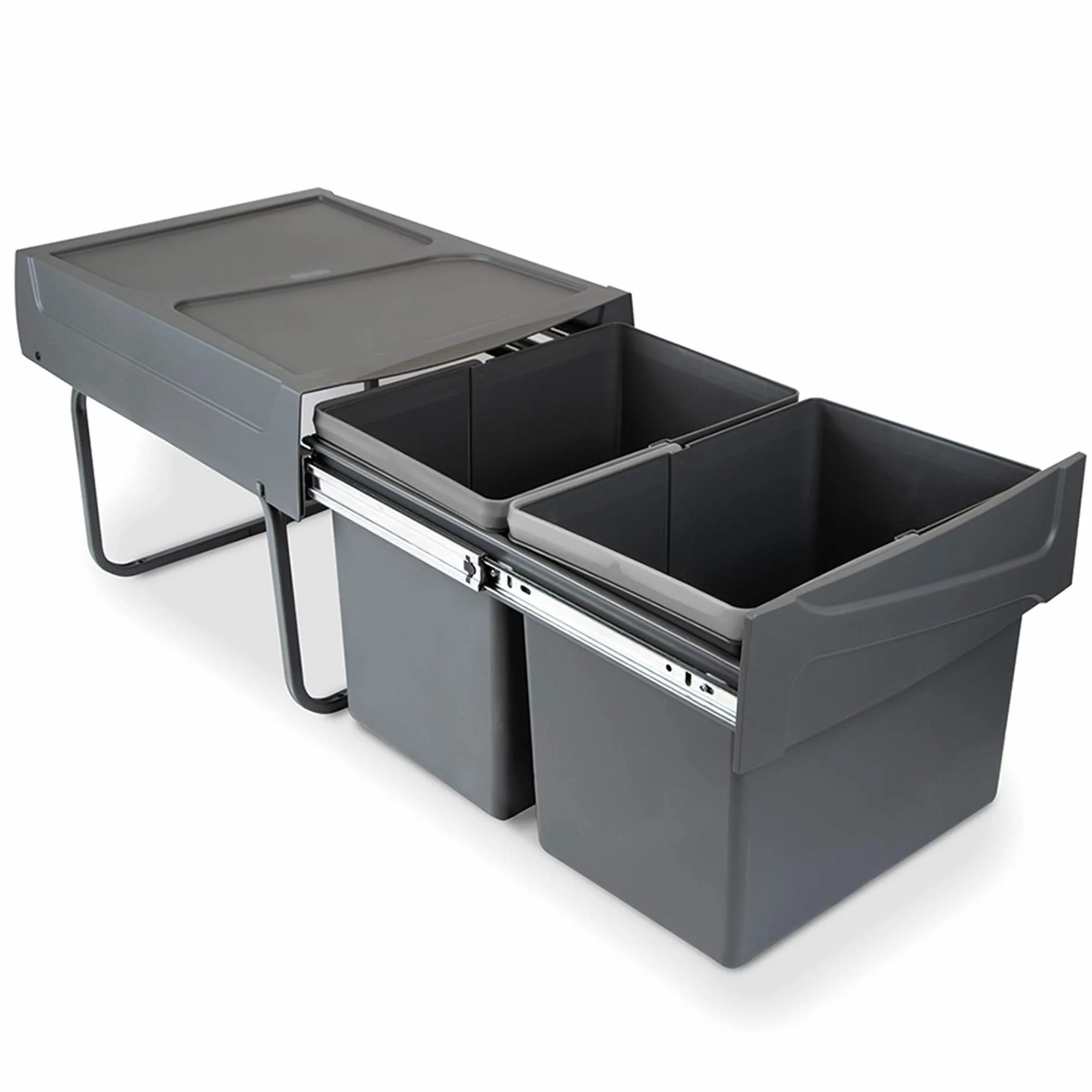 EMUCA - Cubos de Basura bajo Fregadero con fijación Inferior para Cocina, 2 contenedores de Reciclaje extraibles, Capacidad Total 30L (2 x 15 L), Acero y plástico, Gris Antracita.