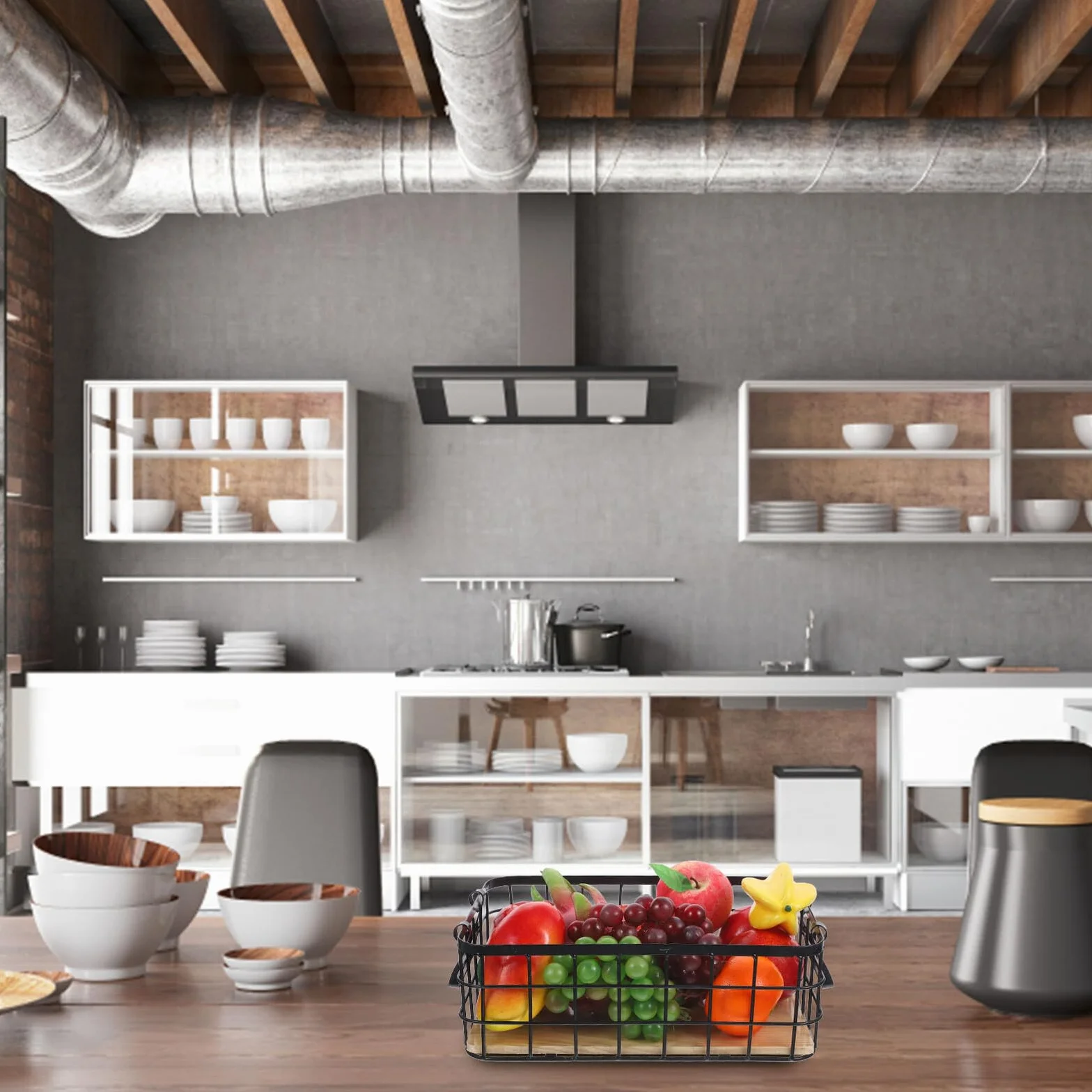 Cesta de Almacenamiento de Alambre Negra Asas de Hierro y Base de Madera | Organizador Multiuso para Cocina y Frutas, Diseño Sencillo y Práctico, Uso en Escritorio Doméstico