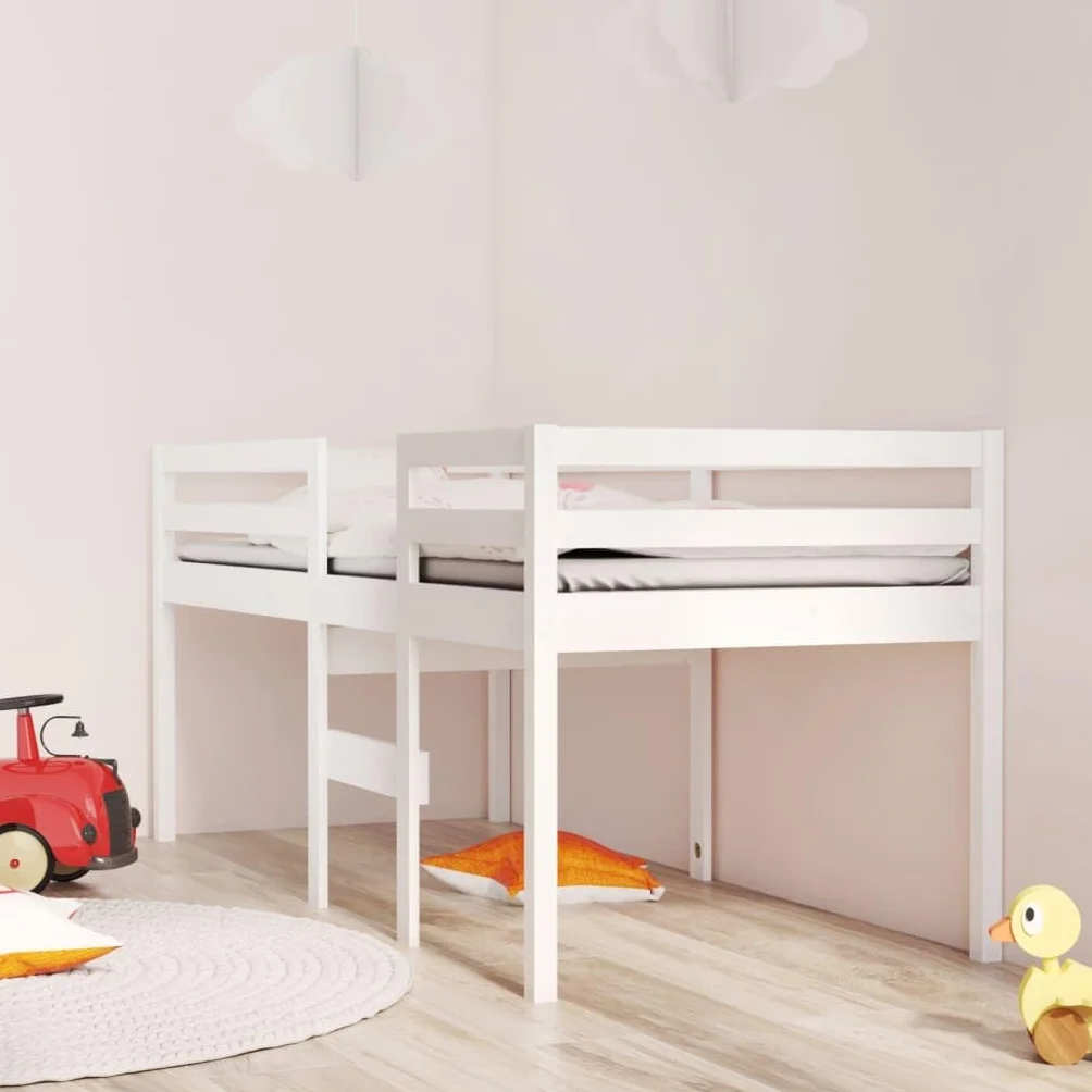 Cama alta blanca de 80 x 200 cm de madera de pino maciza, estructura de cama robusta para niños y jóvenes, mueble de dormitorio que ahorra espacio, diseño seguro con escalera y barandilla