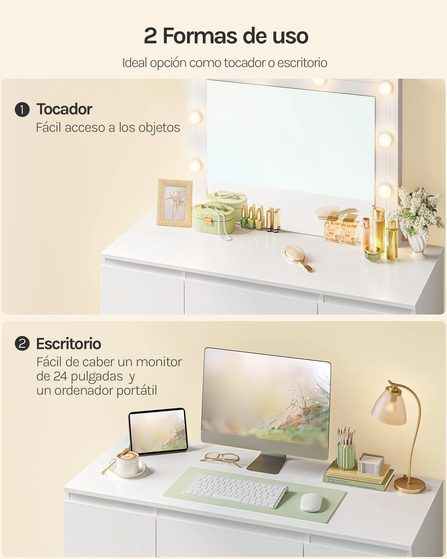 WOLTU Vanity de Maquillaje, Tocador de Maquillaje con Taburete, Tocador con Espejo y Luz LED, Luz Ajustable, con 7 Cajones, para Dormitorio, Sala de Belleza y Vestidor, 107x39,5x140,5 cm, Blanco