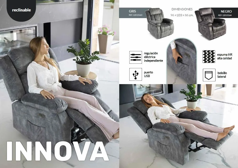 DUPI Sillón Relax Eléctrico INNOVA | Reclinable con Reposacabezas y Control Lateral | Carga USB | Tela Transpirable | Fácil Montaje | Gris Magia
