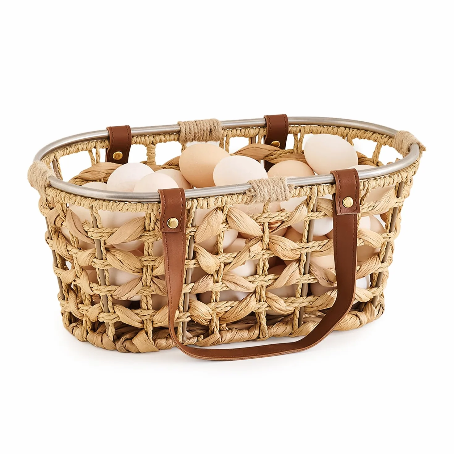 Cestas de huevos de jacinto de agua de granja para recoger huevos frescos, cesta de mimbre hecha a mano, cesta de almacenamiento ovalada con asa, cesta de picnic, cesta de cosecha