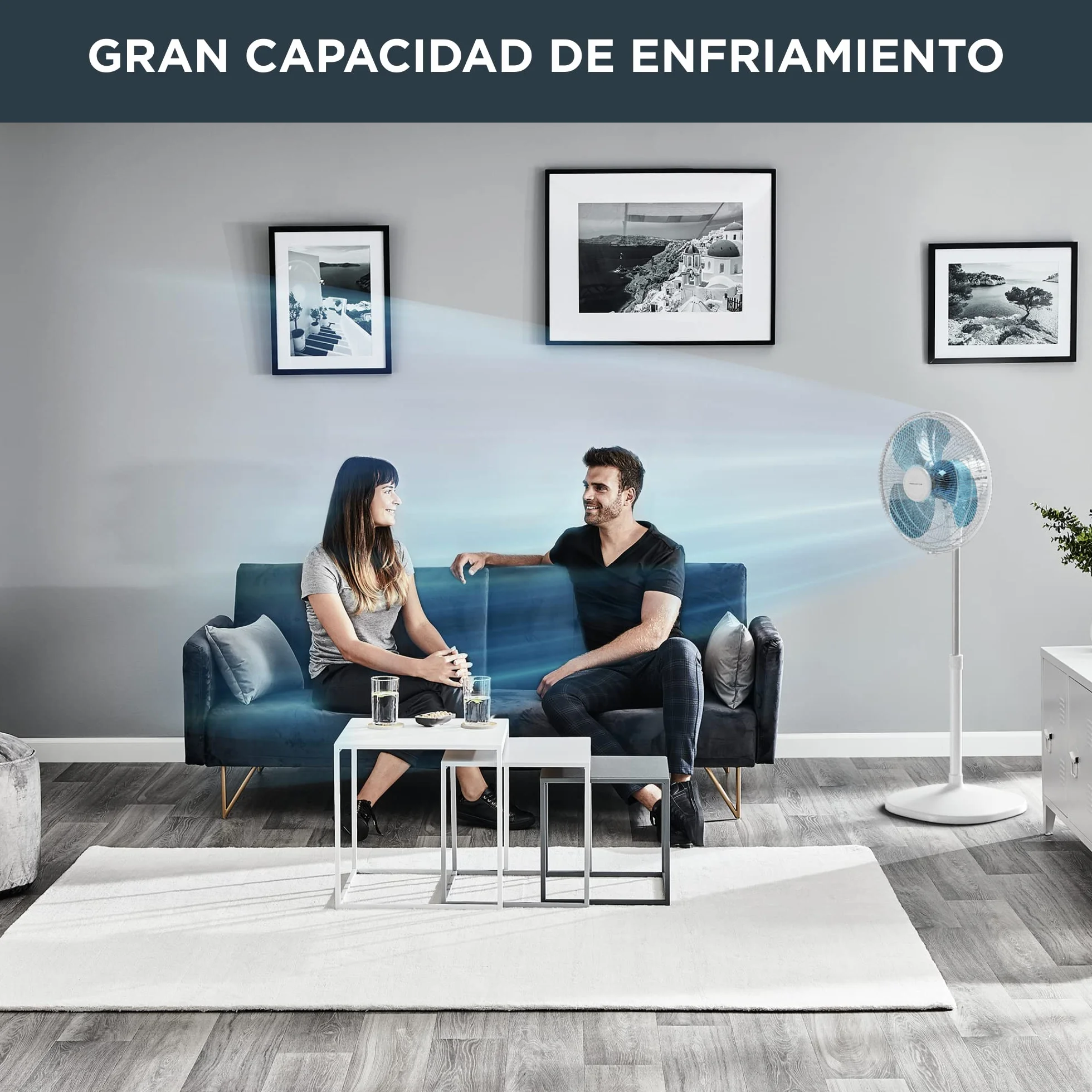 Rowenta Essential+ Ventilador de Pie Silencioso - Oscilación Automática, 3 Velocidades, Flujo de Aire 55 m³/min, Altura Ajustable hasta 140 cm, Bajo Consumo, Blanco (Reacondicionado)