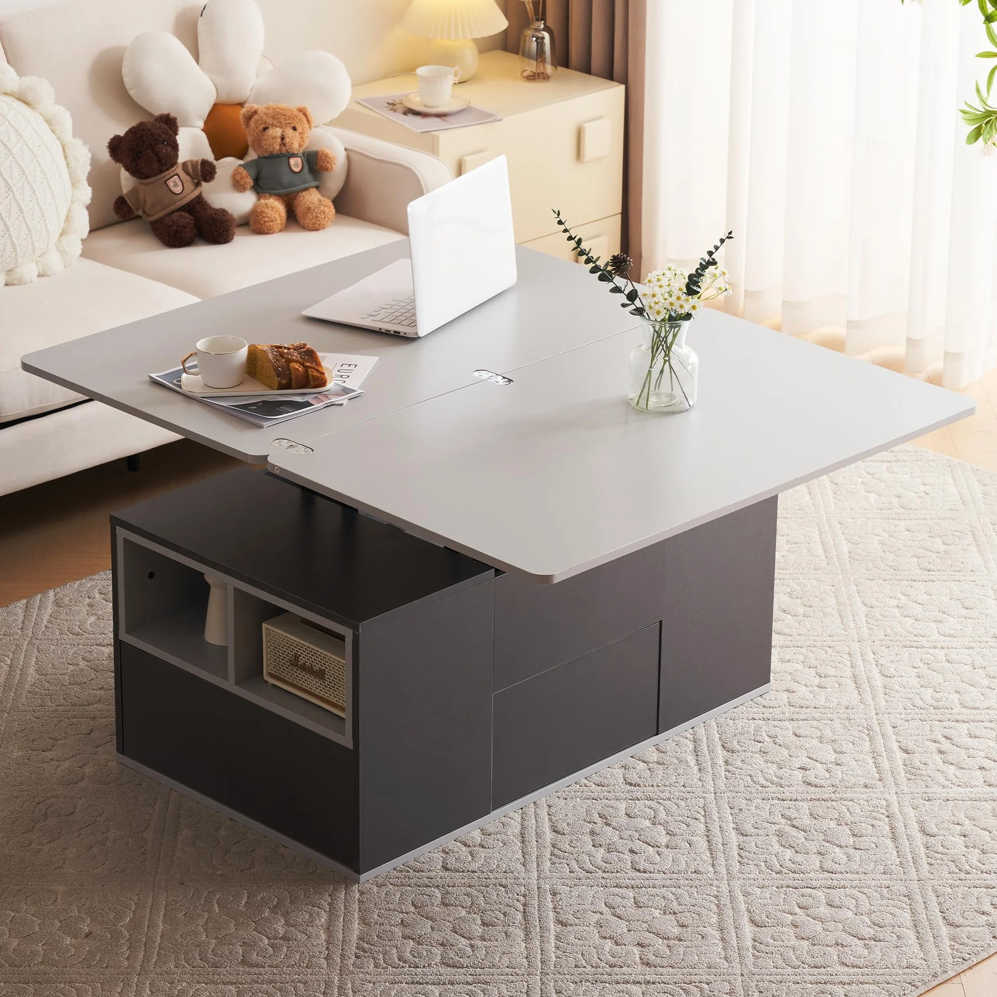 Mesa de centro multifunción elevable - La mesa se abre a 2 mesas, gris oscuro + gris claro, gran capacidad, muebles modernos de salón, mesa auxiliar de oficina, mesa auxiliar multifunción